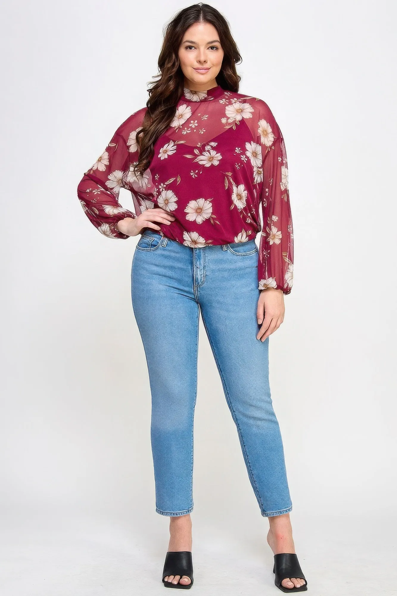 Mesh Floral Long Sleeve Top W/ Cami