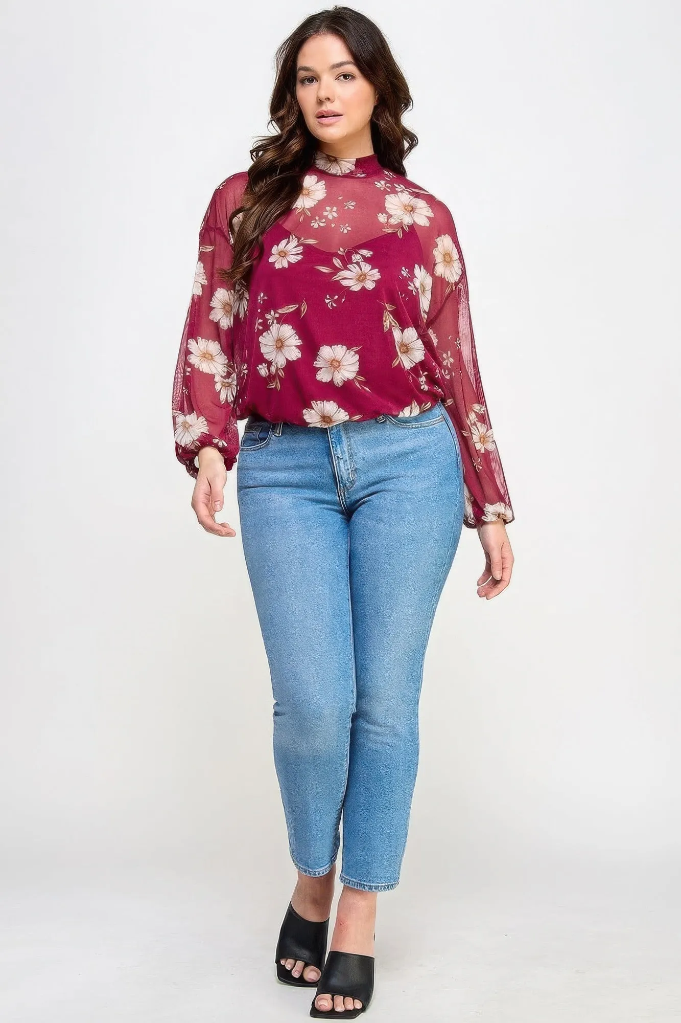 Mesh Floral Long Sleeve Top W/ Cami