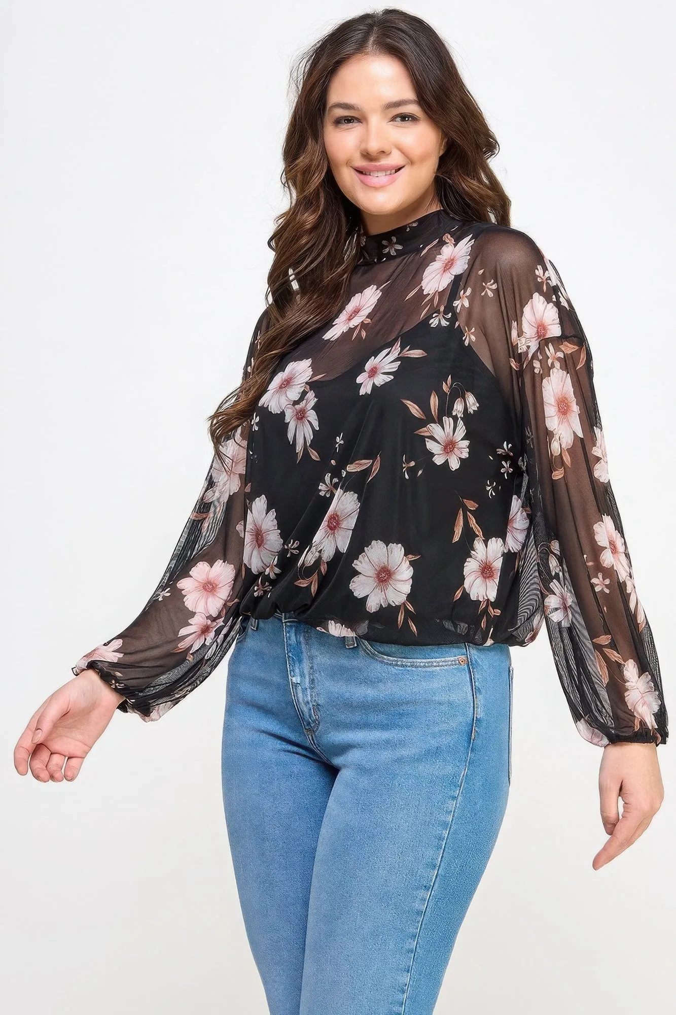 Mesh Floral Long Sleeve Top W/ Cami