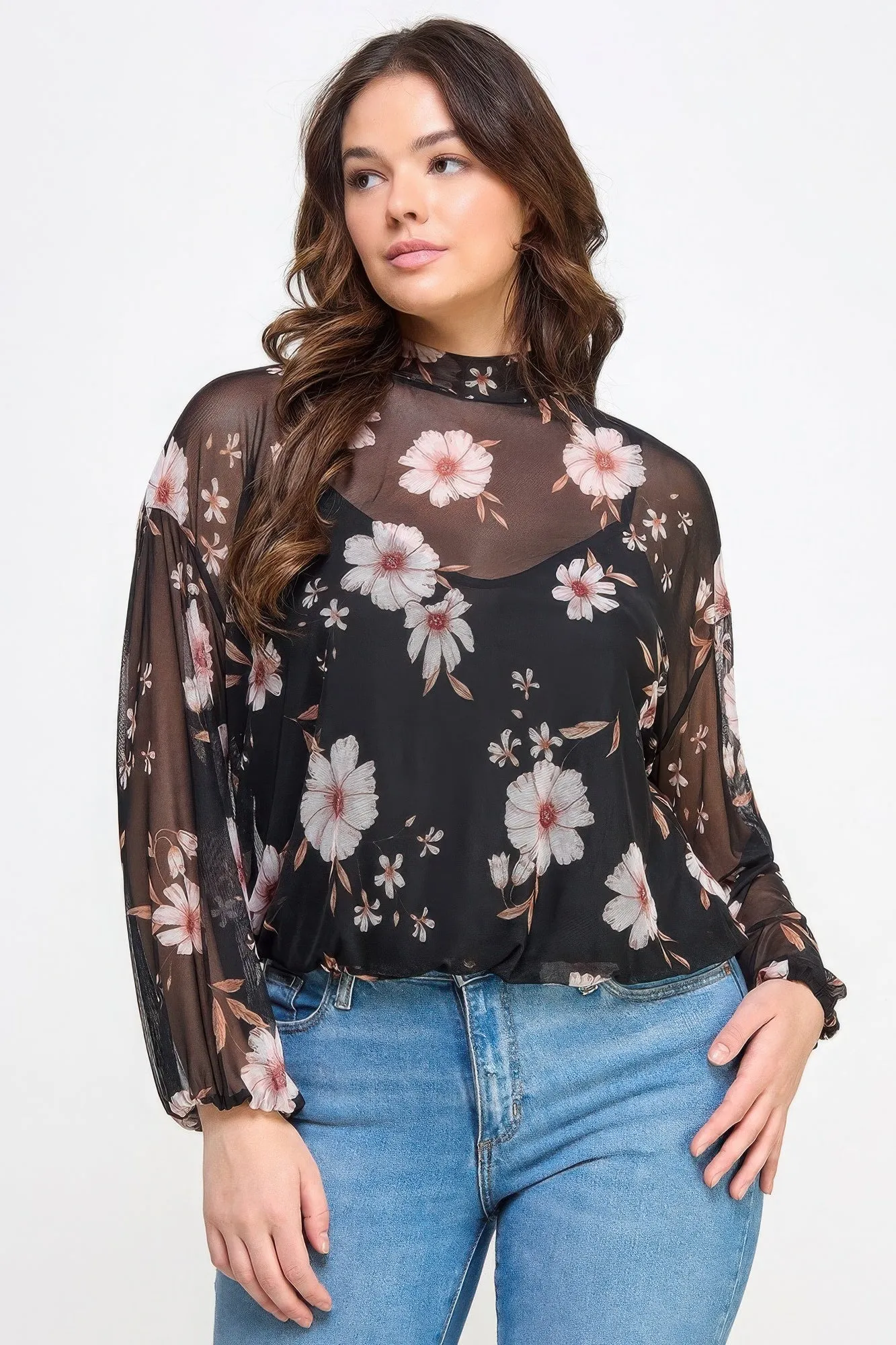 Mesh Floral Long Sleeve Top W/ Cami