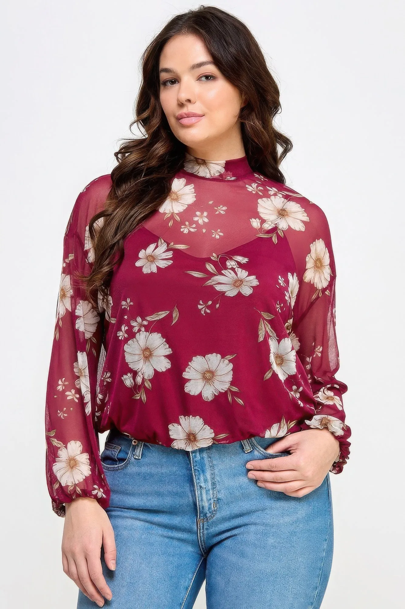 Mesh Floral Long Sleeve Top W/ Cami