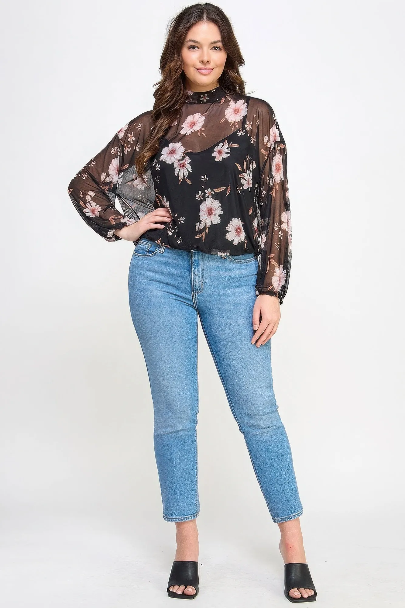 Mesh Floral Long Sleeve Top W/ Cami