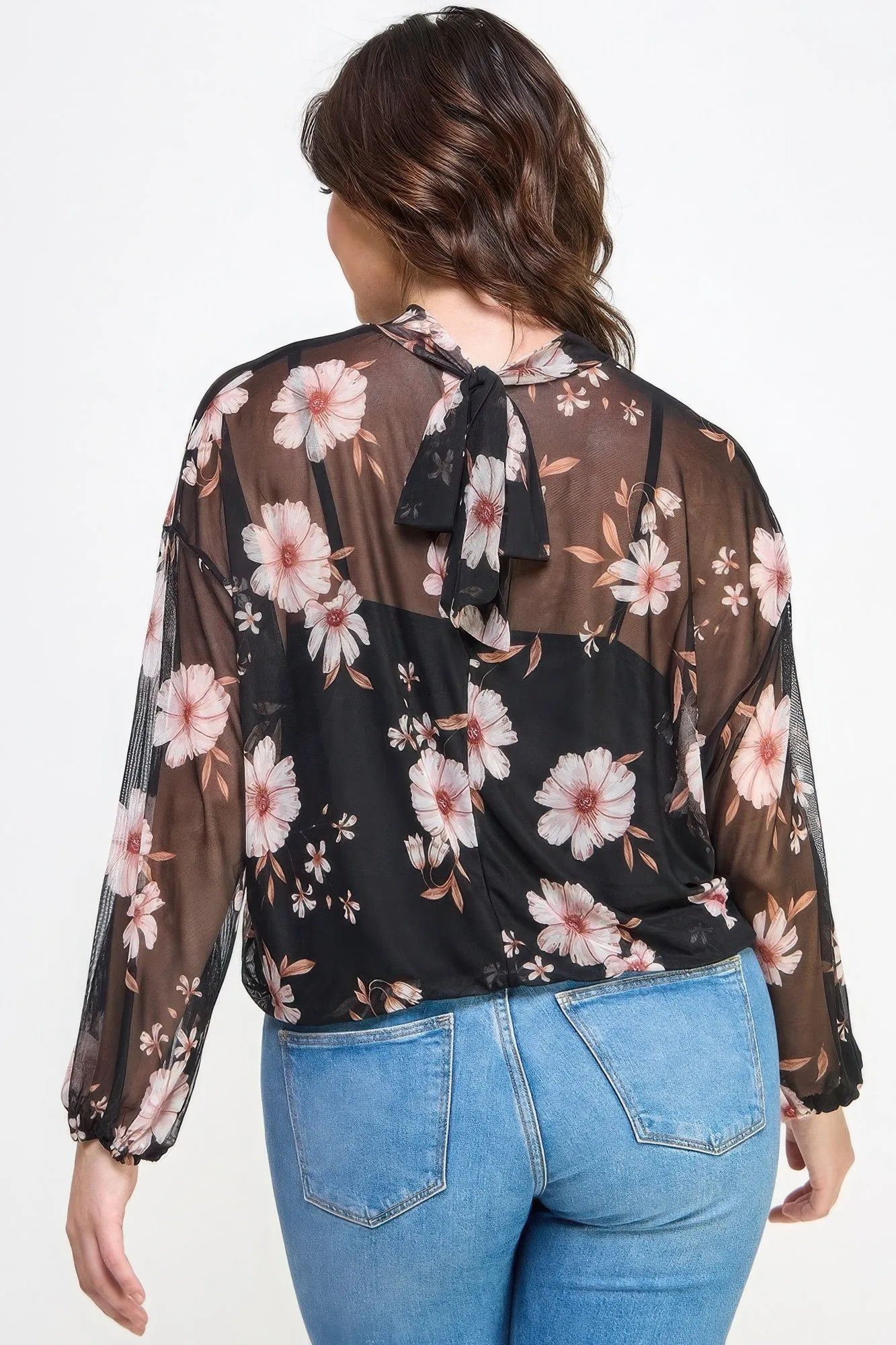 Mesh Floral Long Sleeve Top W/ Cami