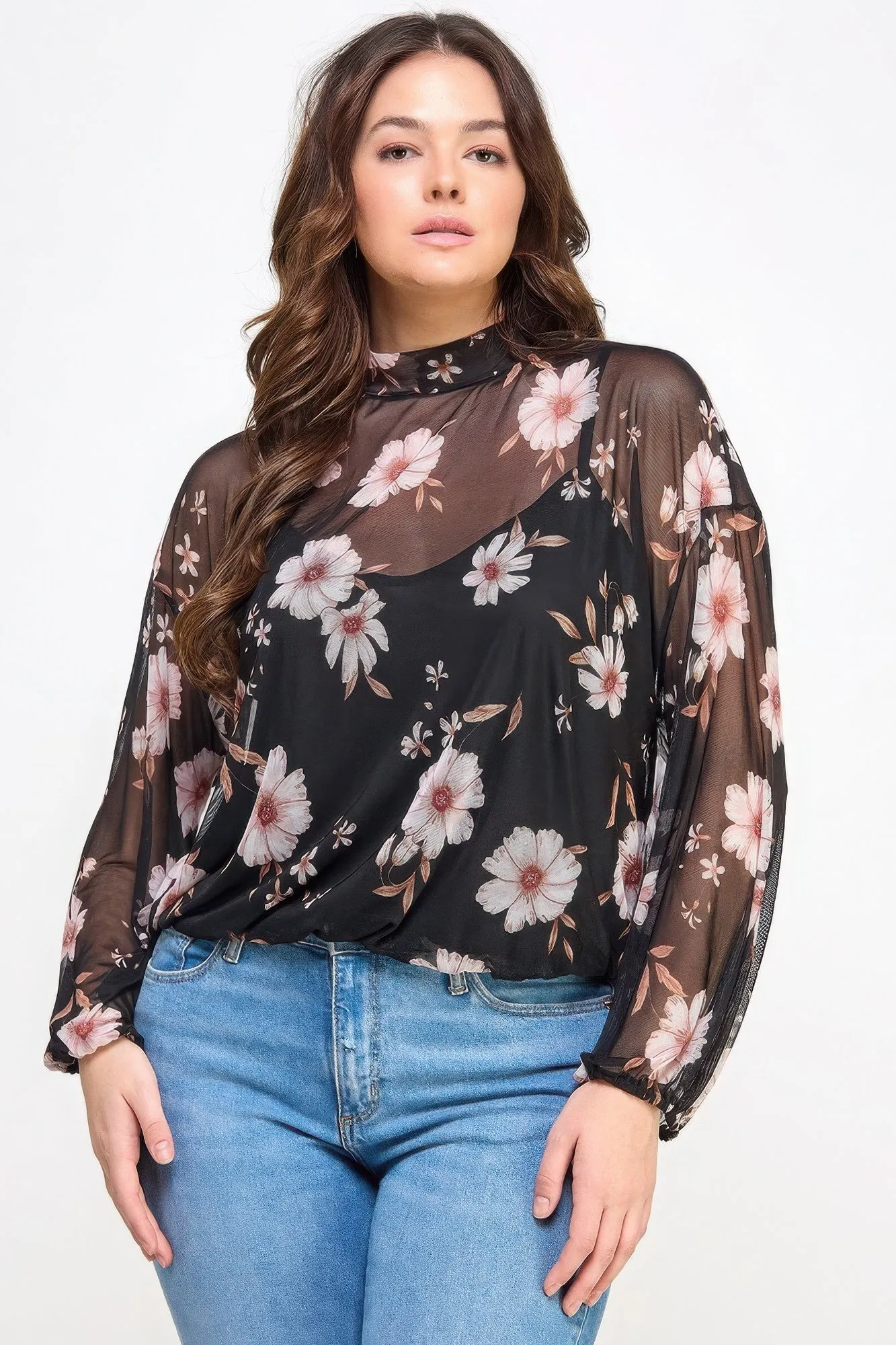 Mesh Floral Long Sleeve Top W/ Cami