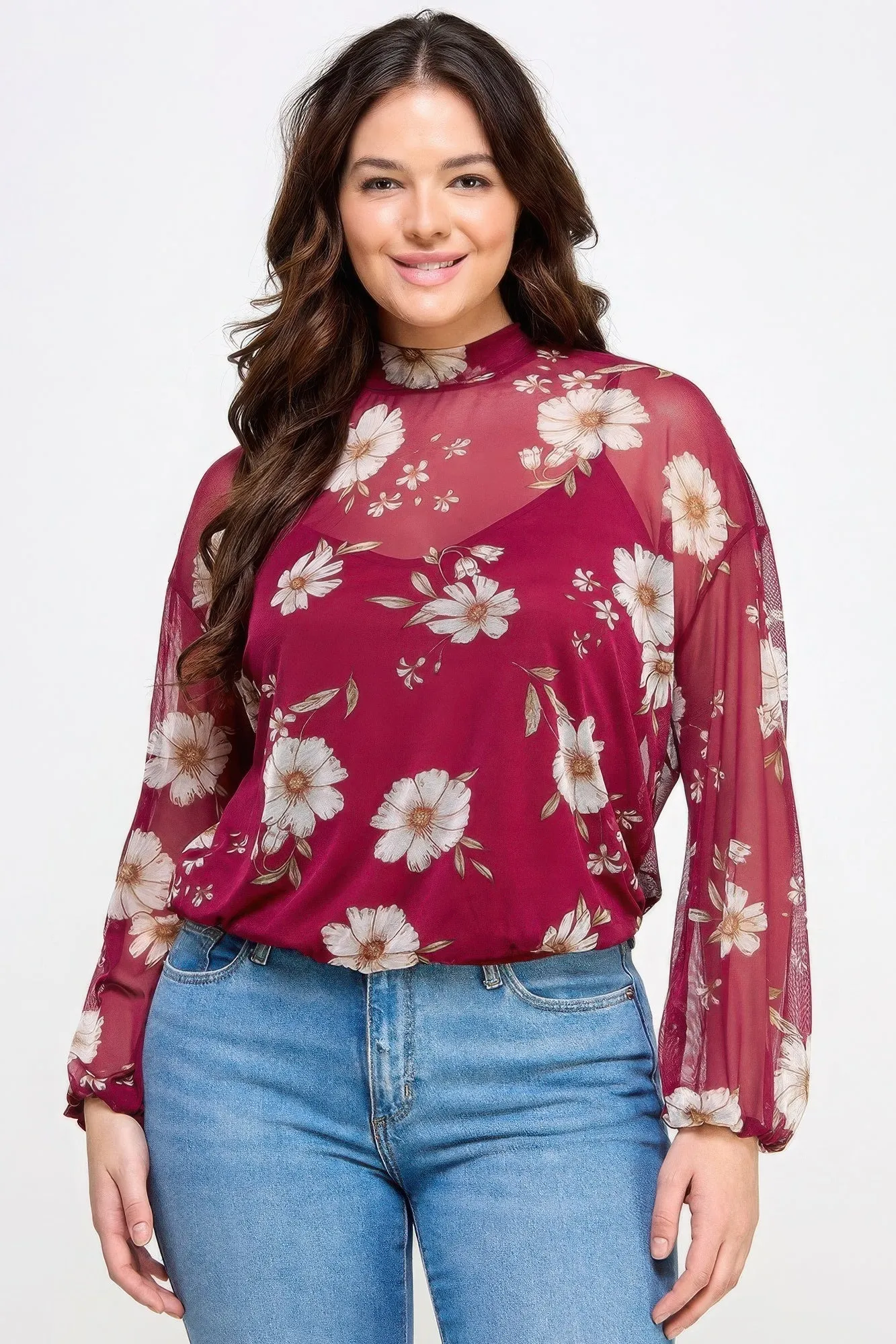 Mesh Floral Long Sleeve Top W/ Cami