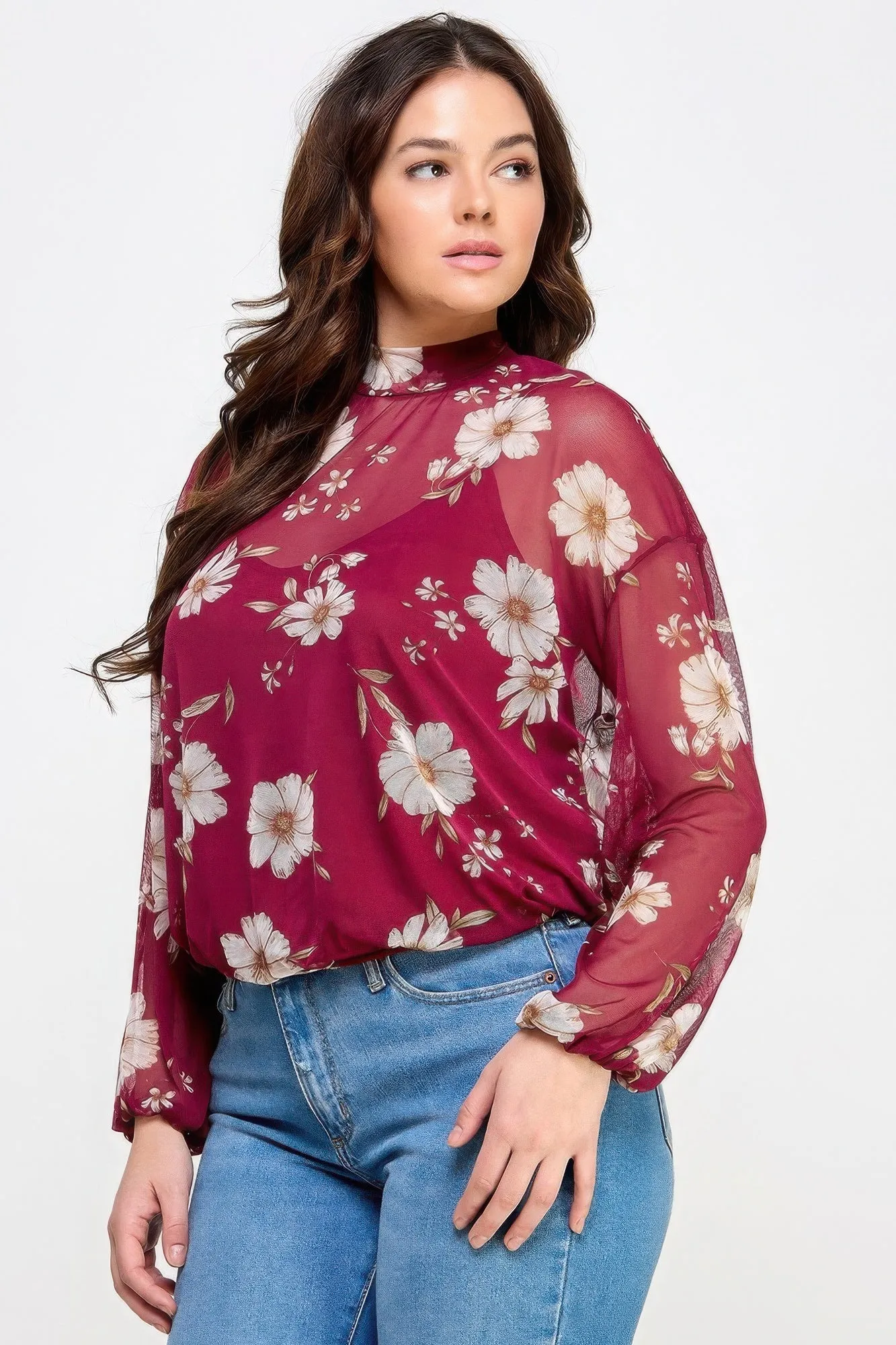 Mesh Floral Long Sleeve Top W/ Cami