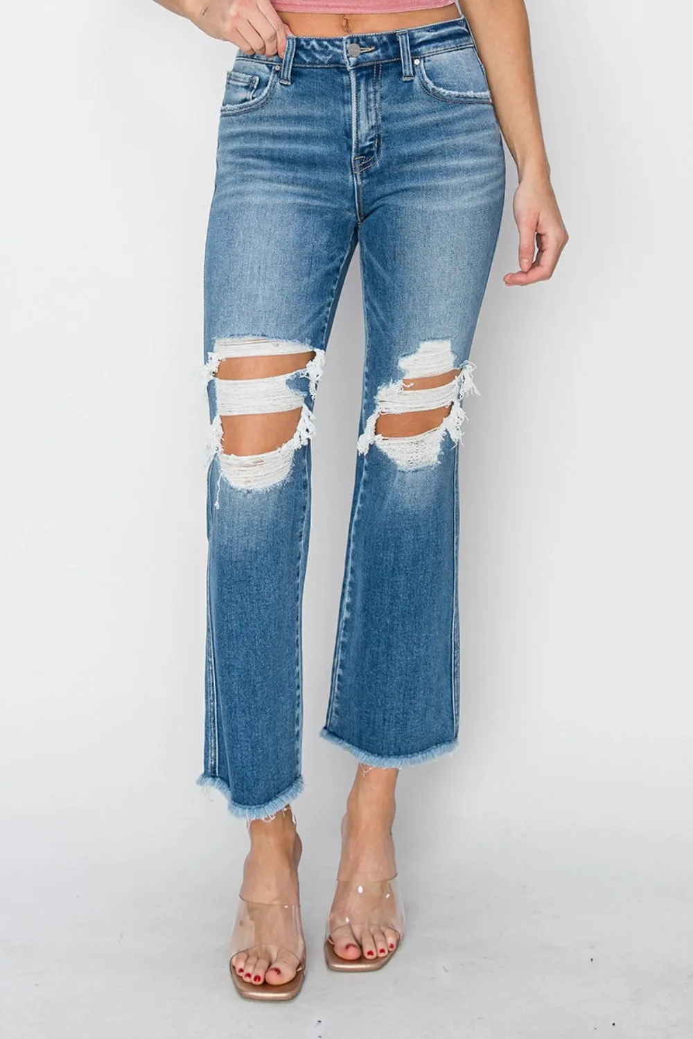 Mid Rise Distressed Cropped Flare Jeans