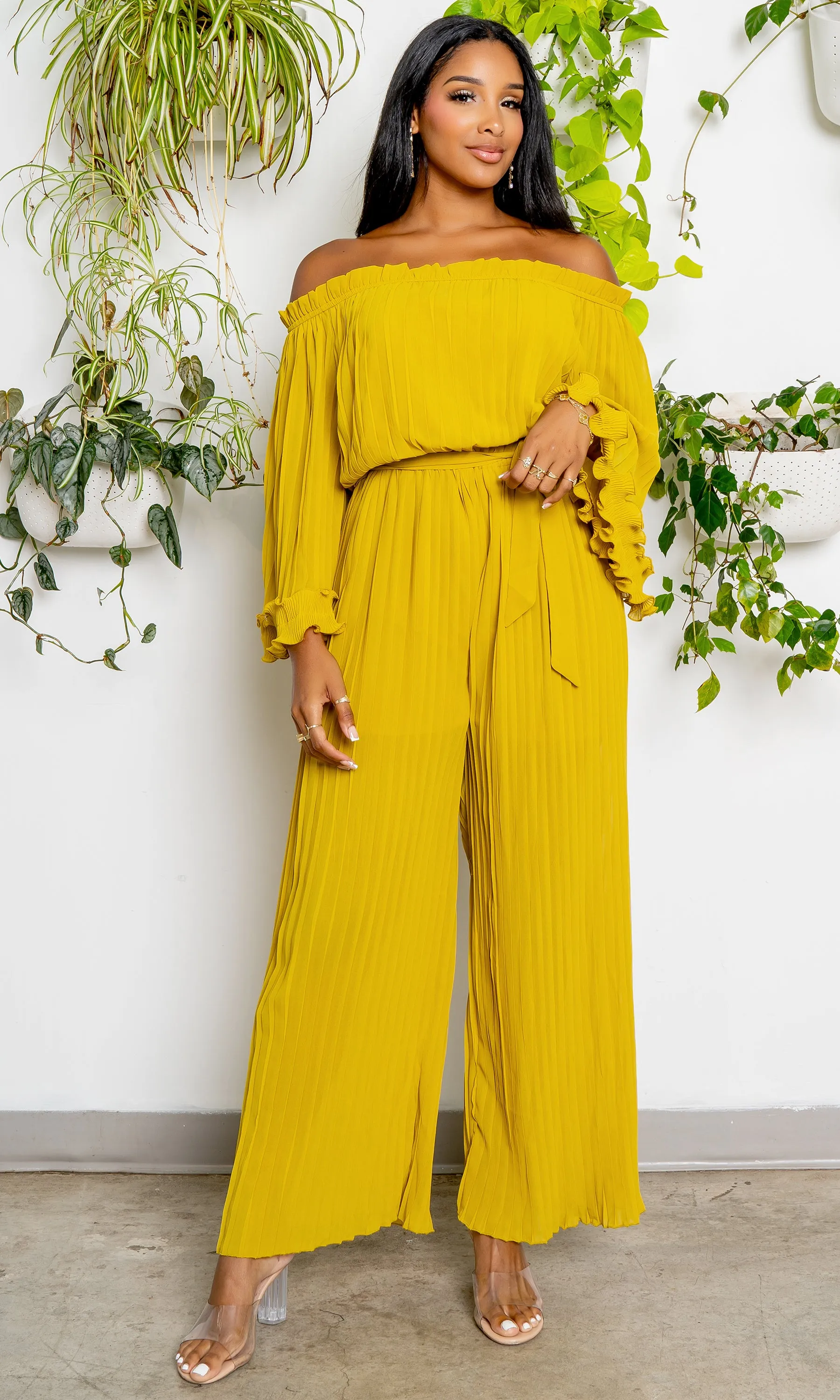 Off The Shoulder Pleated Chiffon Jumpsuit- Chartreuse