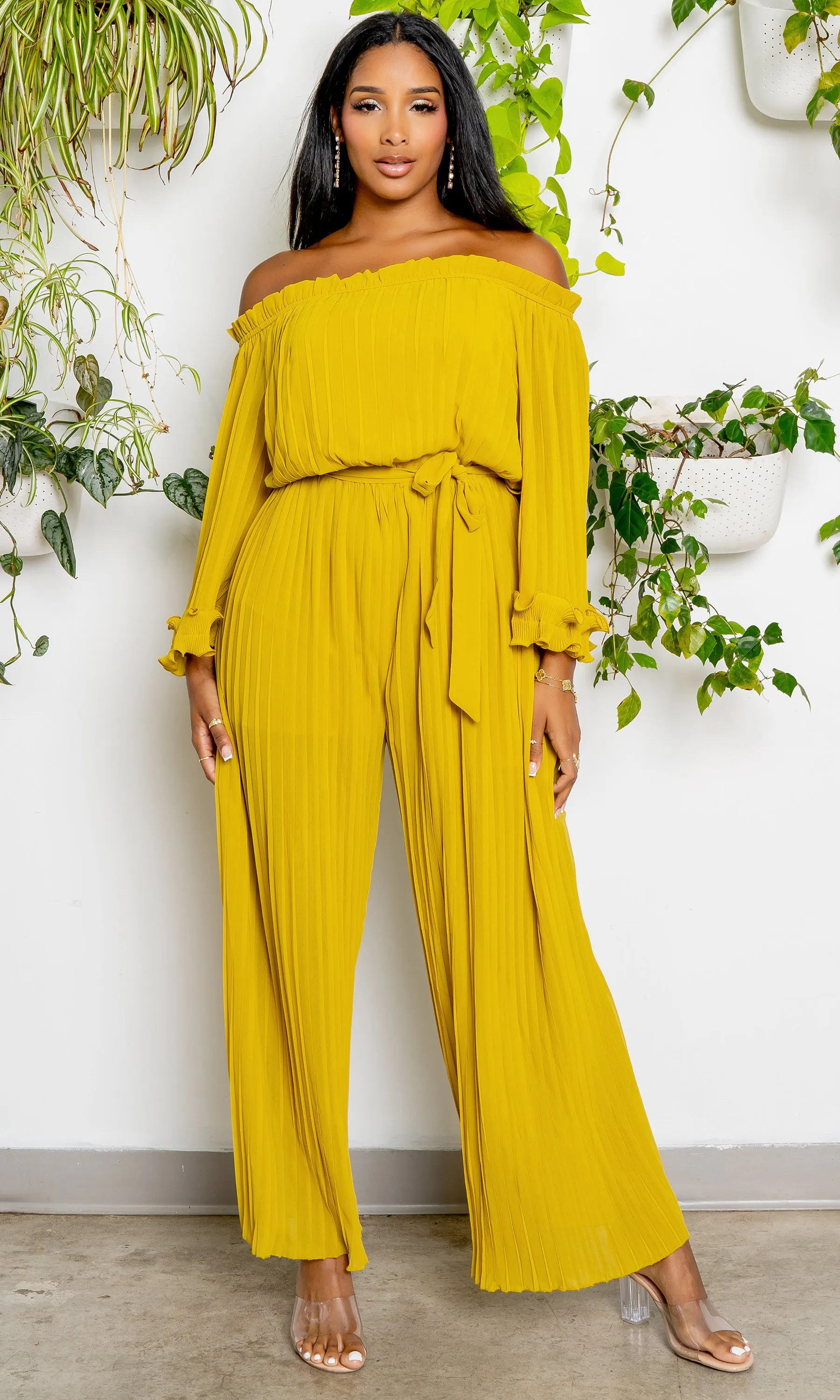 Off The Shoulder Pleated Chiffon Jumpsuit- Chartreuse