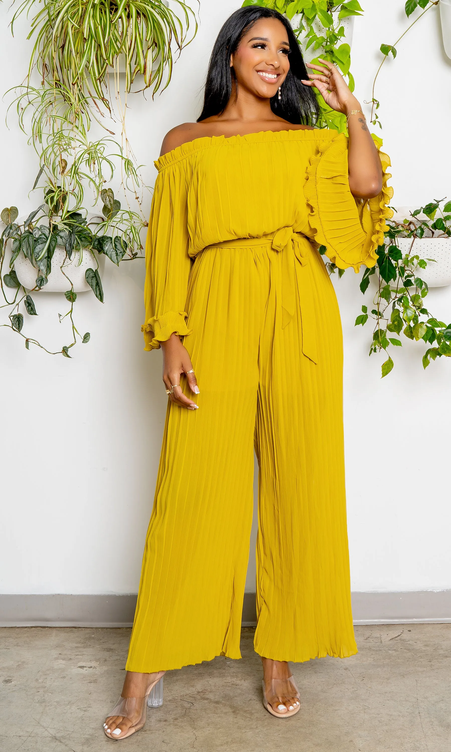 Off The Shoulder Pleated Chiffon Jumpsuit- Chartreuse