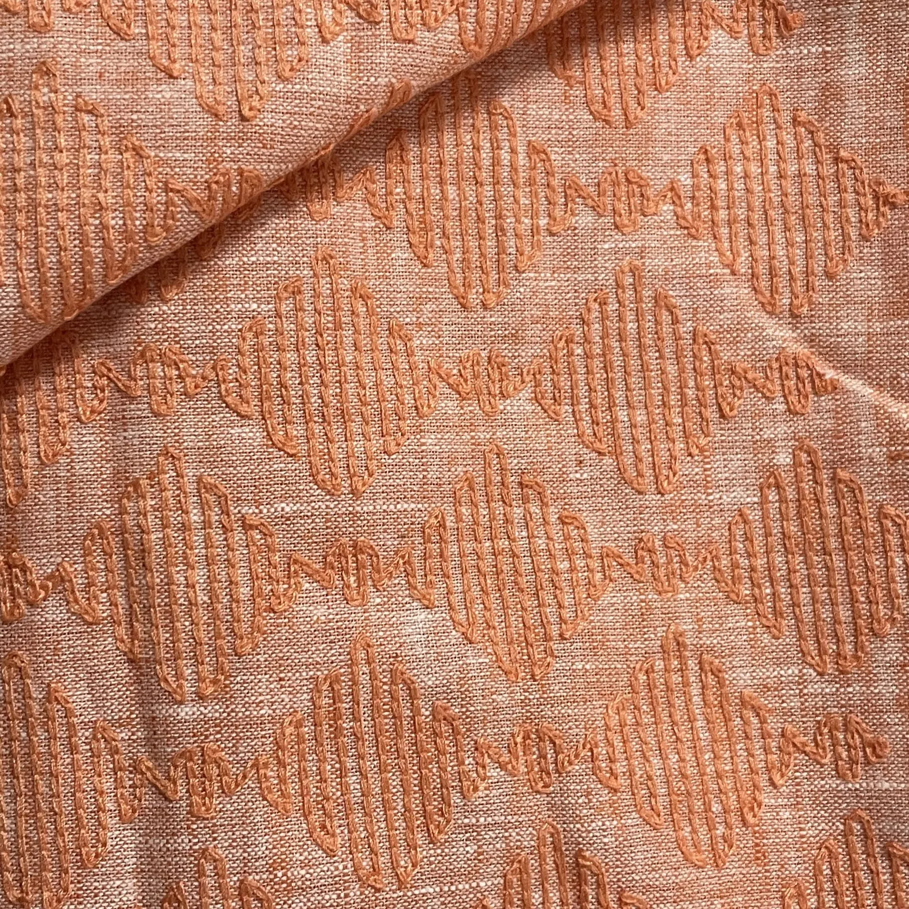 Orange Abstract Thread Embroidery Linen Fabric