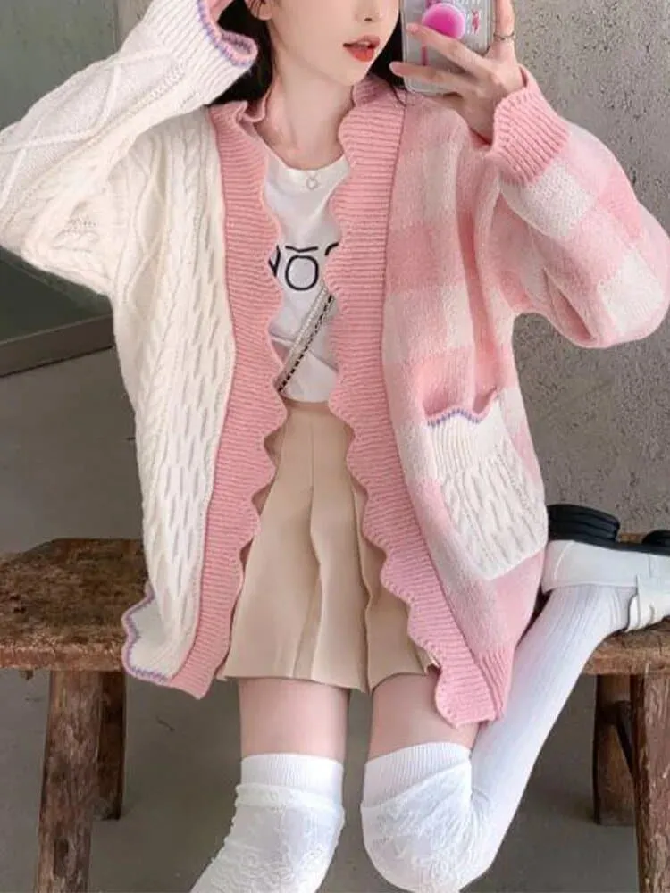 Patchwork Knitted Cardigan - Stylish and Cozy Fall/Winter Sweater with Patchwork Design