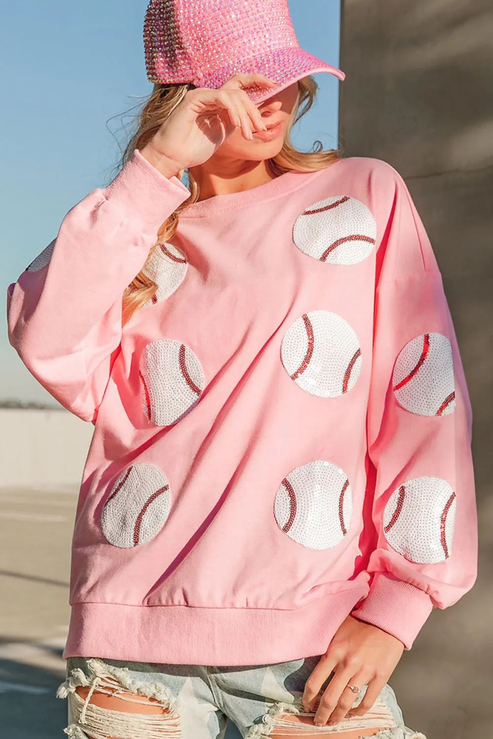 Pink Sequin Baseball Graphic Drop Sleeve Sweatshirt