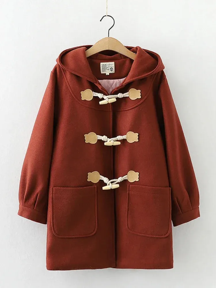 Purple Solid Warm Wool Blends Long Hooded Coat Straight Women Horn Button  Casual Female Warmness Outwear