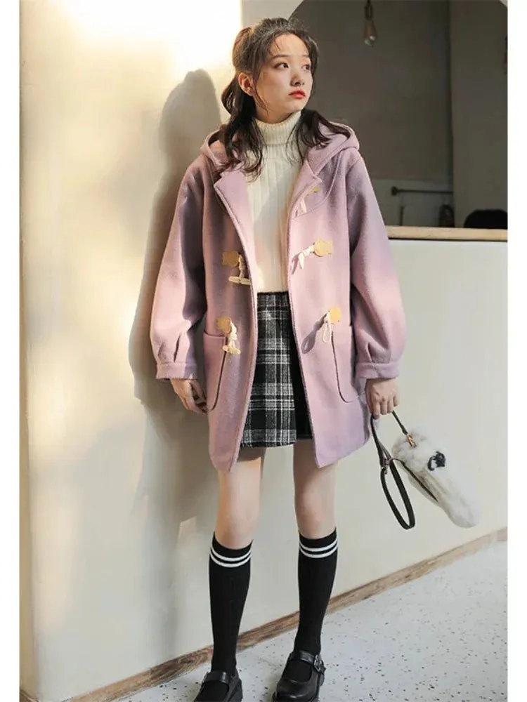 Purple Solid Warm Wool Blends Long Hooded Coat Straight Women Horn Button  Casual Female Warmness Outwear