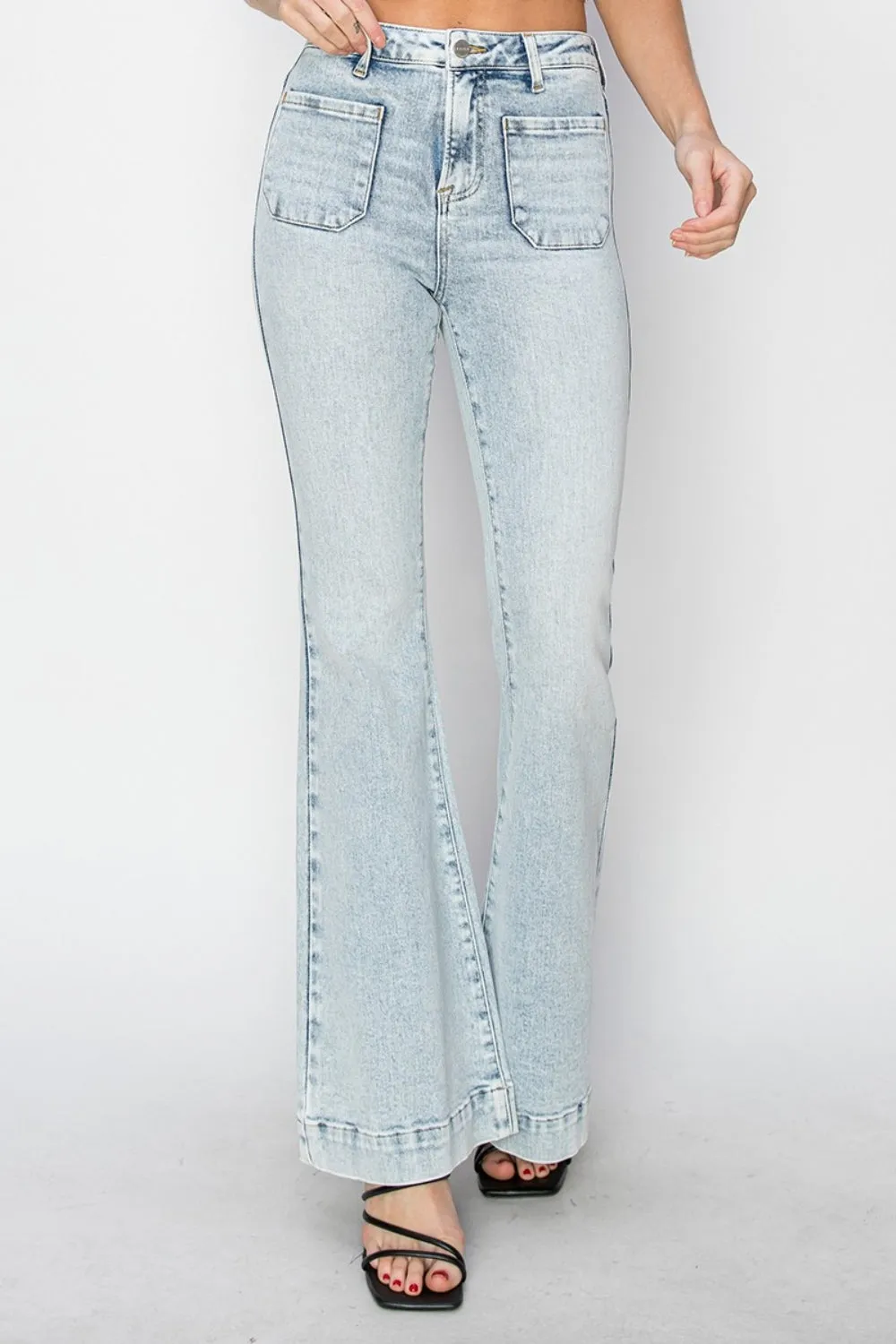 Risen Full Size High Rise Front Patch Pocket Flare Jeans