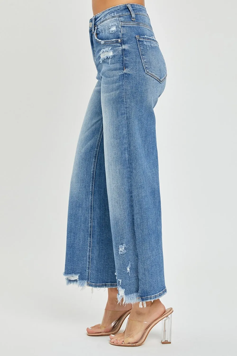 Risen High Rise Side Slit Raw Hem Cropped Jeans