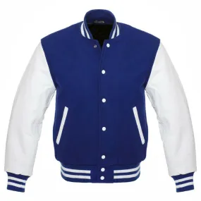 Royal Blue and White Leather Varsity Jacket with Customization Options