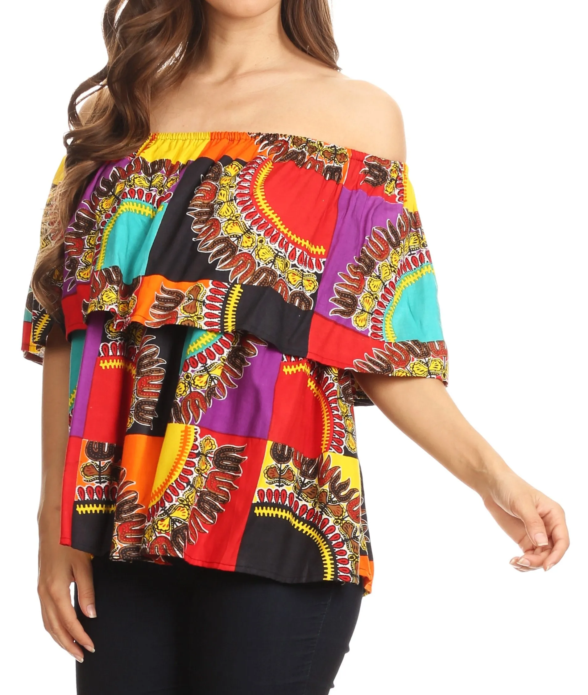 Sakkas Azra Casual Colorful African Dashiki Off-Shoulder Blouse Top Flowy and Fun!