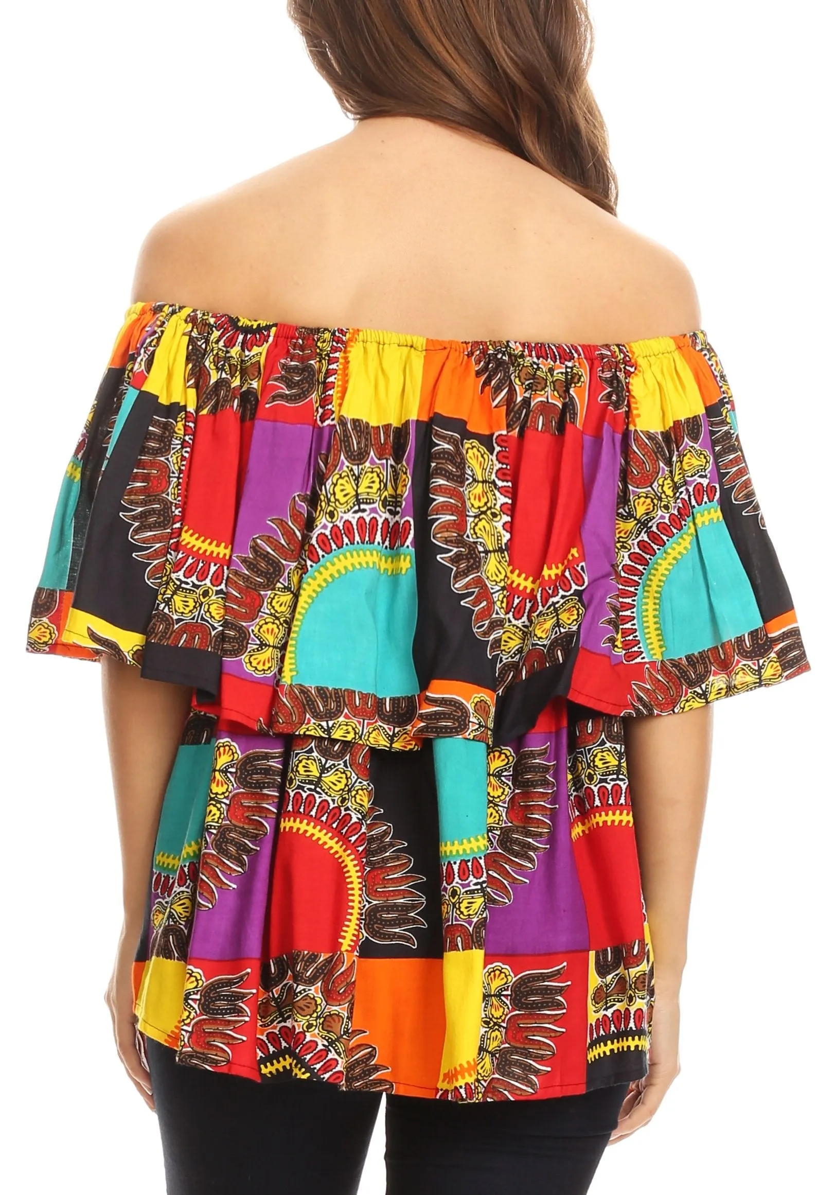 Sakkas Azra Casual Colorful African Dashiki Off-Shoulder Blouse Top Flowy and Fun!