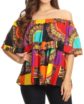 Sakkas Azra Casual Colorful African Dashiki Off-Shoulder Blouse Top Flowy and Fun!