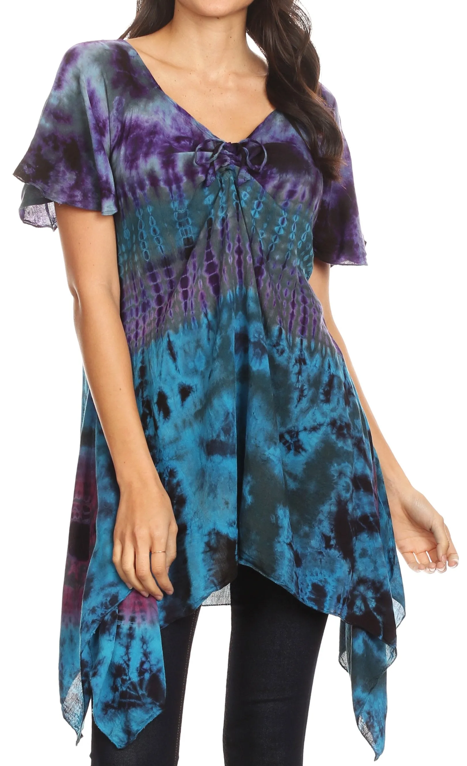 Sakkas Daniela Womens Short Sleeves Loose Tie Dye Blouse Top Tunic Asymmetrical