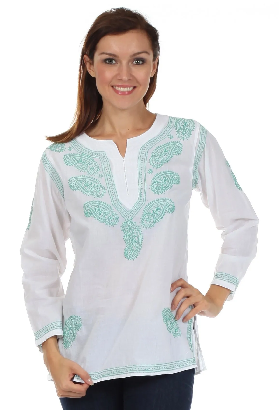 Sakkas Paisley Embroidered Cotton Long Sleeve Blouse