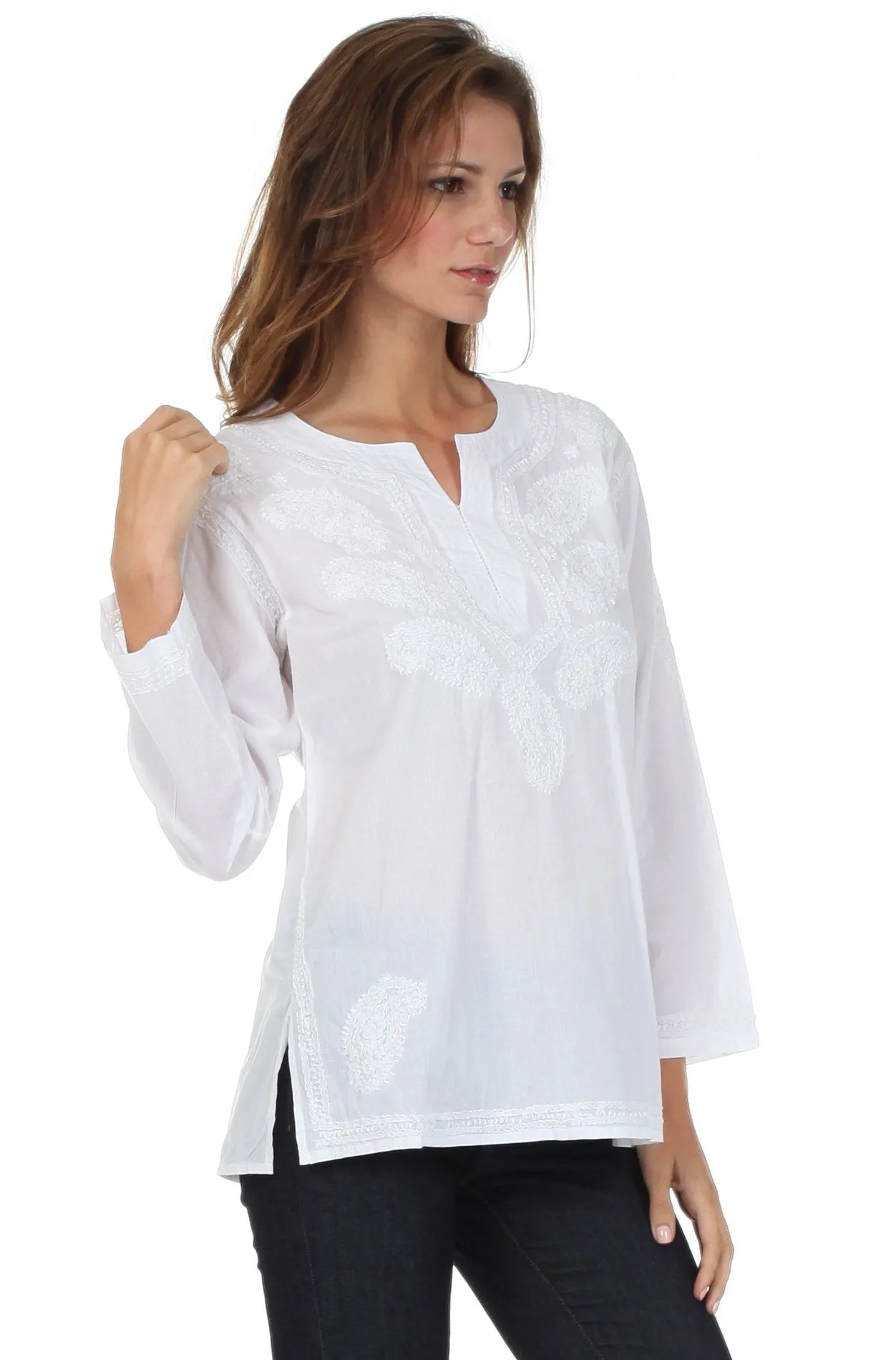 Sakkas Paisley Embroidered Cotton Long Sleeve Blouse