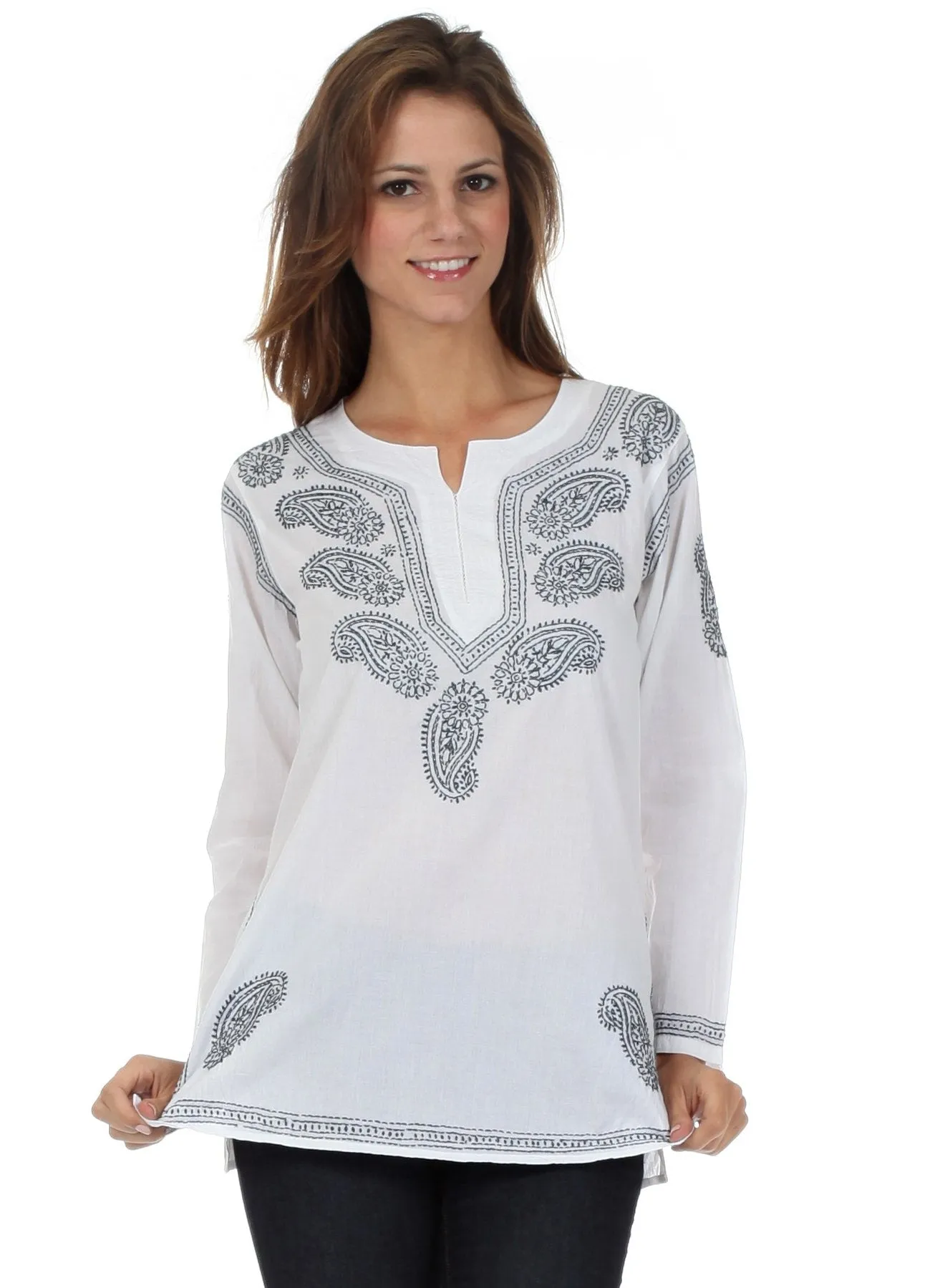 Sakkas Paisley Embroidered Cotton Long Sleeve Blouse