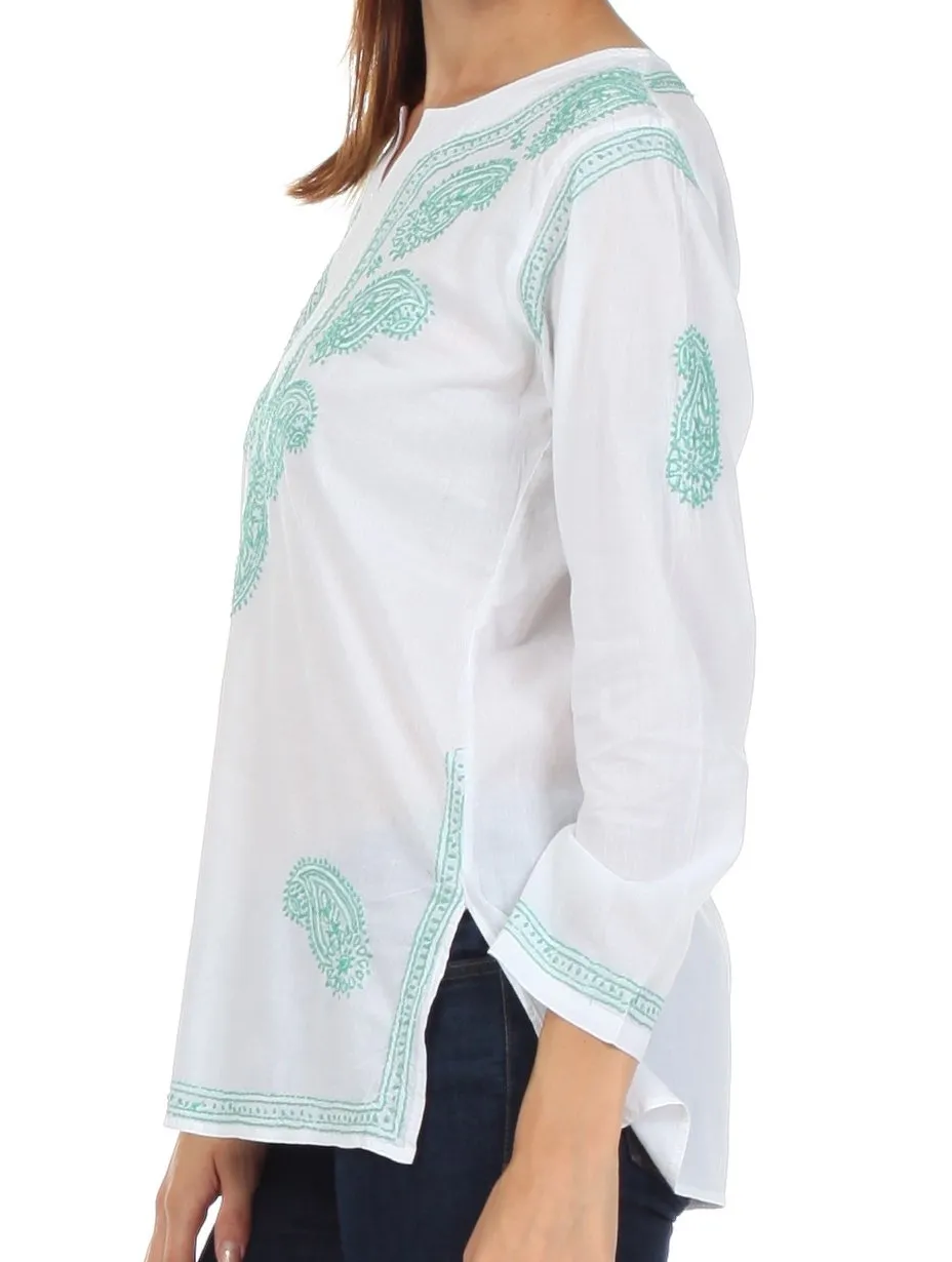 Sakkas Paisley Embroidered Cotton Long Sleeve Blouse