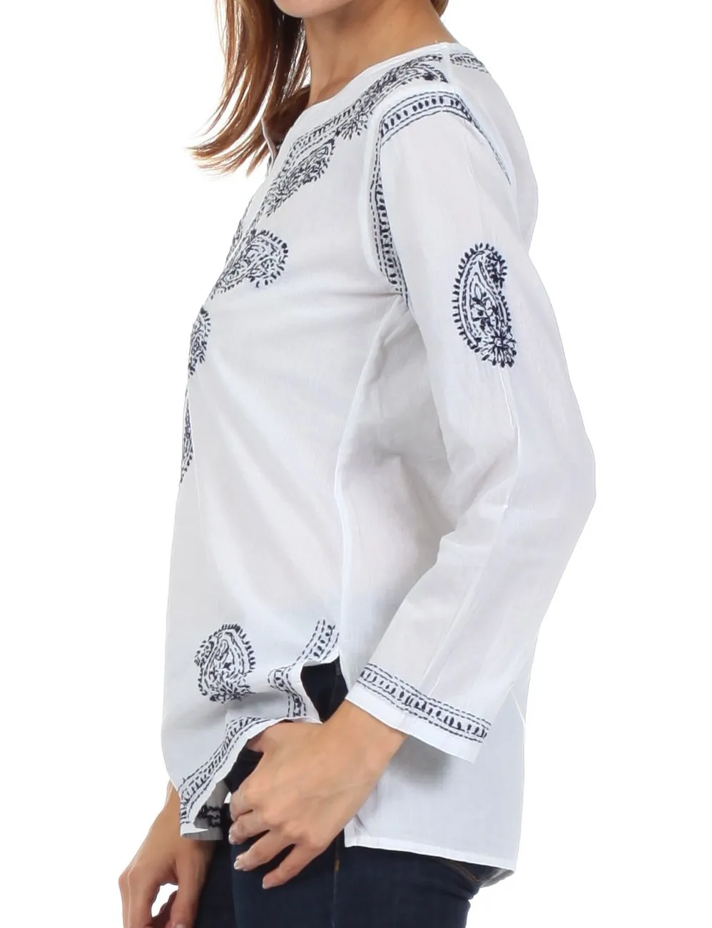 Sakkas Paisley Embroidered Cotton Long Sleeve Blouse