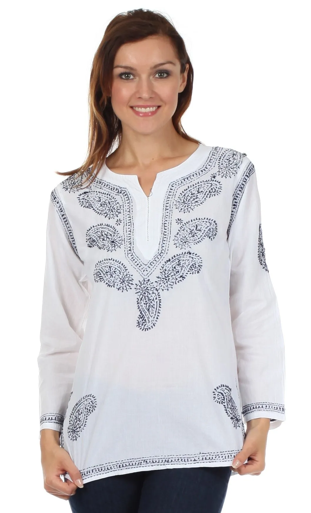 Sakkas Paisley Embroidered Cotton Long Sleeve Blouse