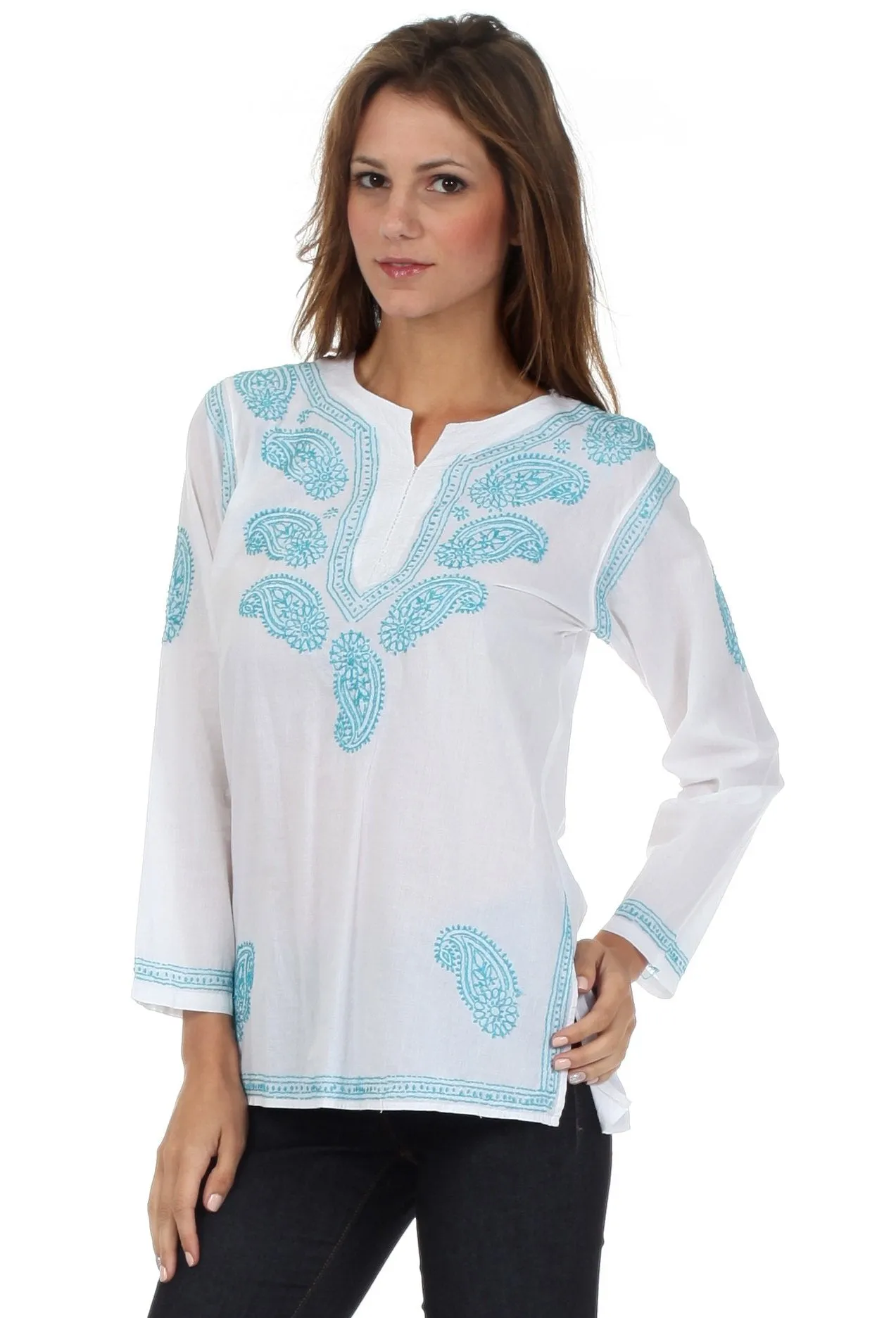 Sakkas Paisley Embroidered Cotton Long Sleeve Blouse