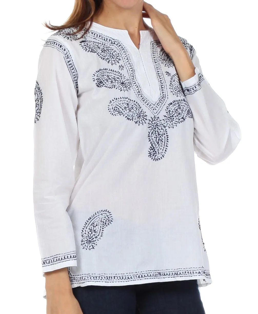 Sakkas Paisley Embroidered Cotton Long Sleeve Blouse