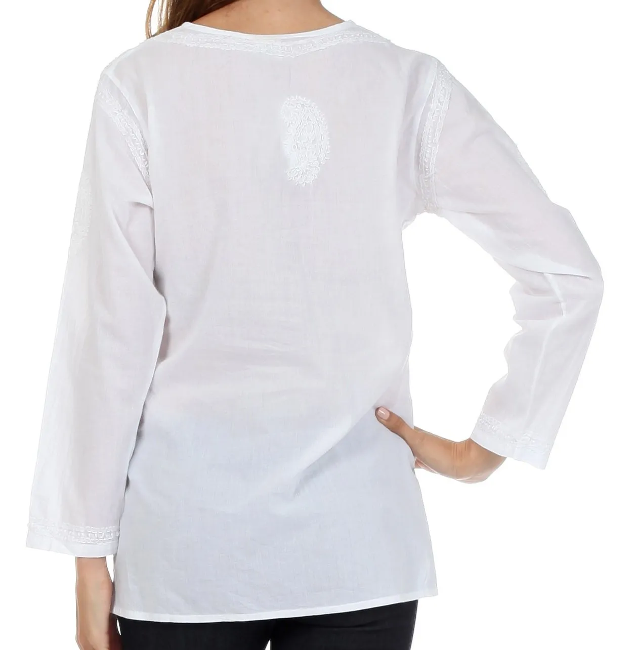 Sakkas Paisley Embroidered Cotton Long Sleeve Blouse