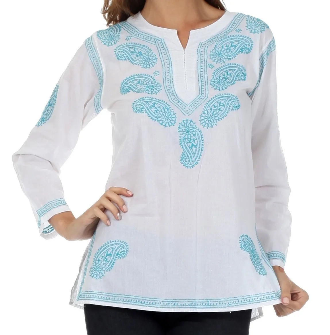 Sakkas Paisley Embroidered Cotton Long Sleeve Blouse