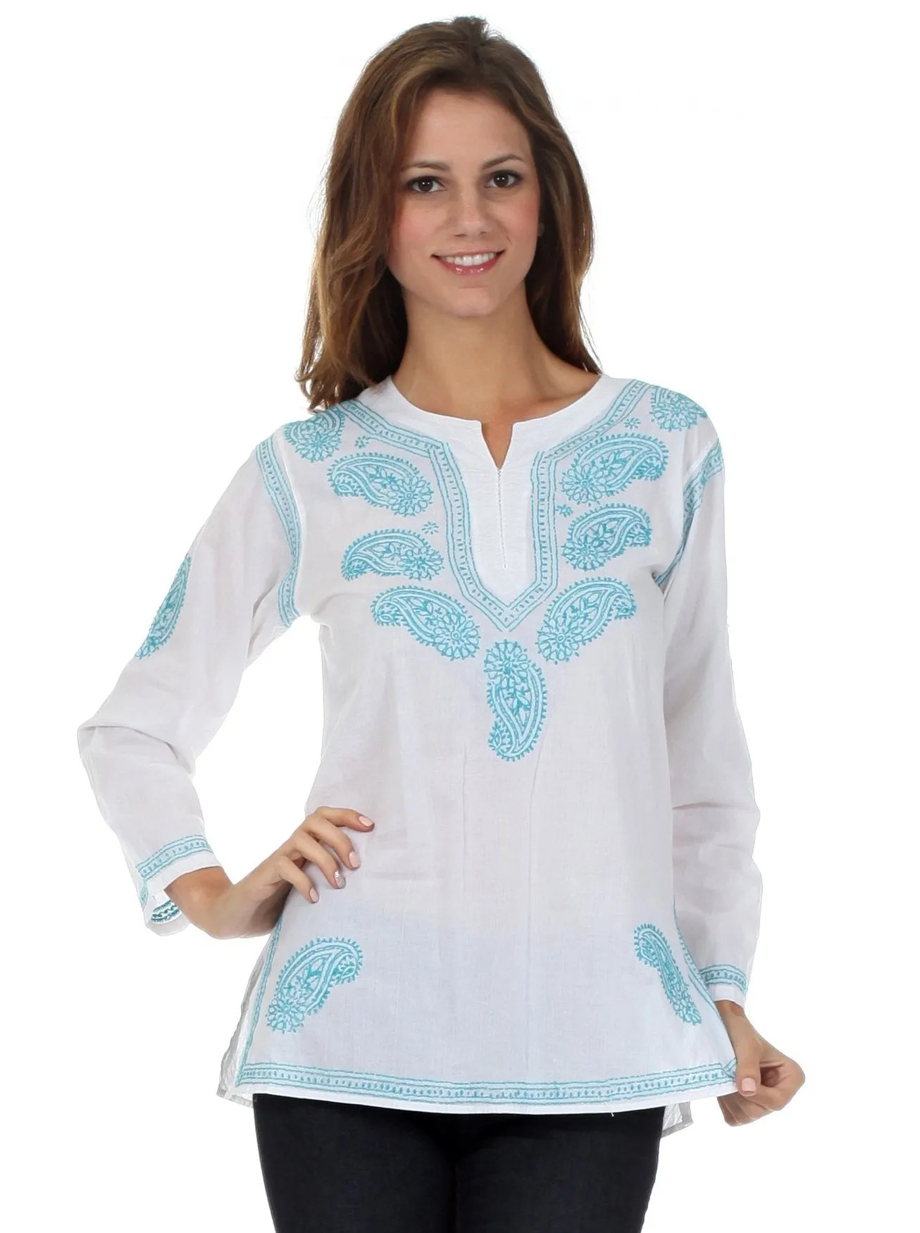 Sakkas Paisley Embroidered Cotton Long Sleeve Blouse