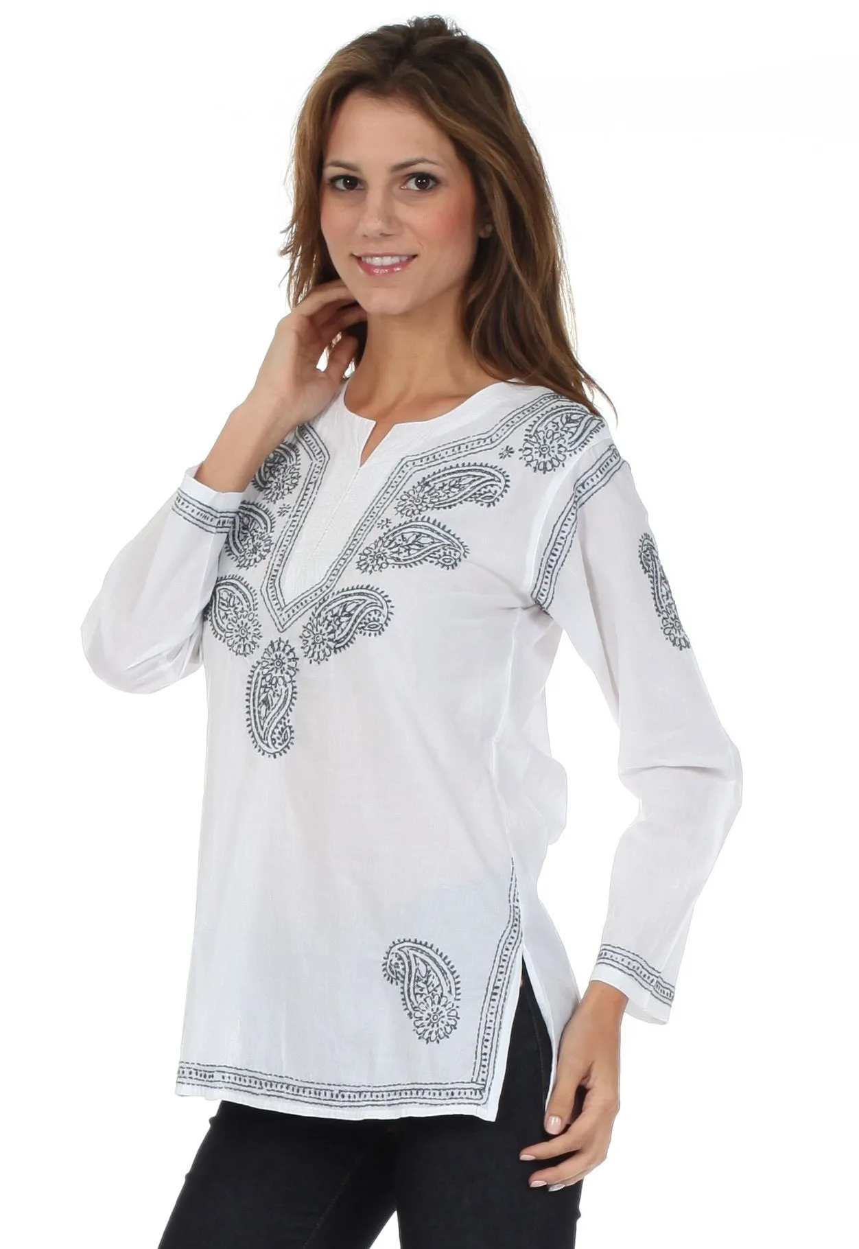 Sakkas Paisley Embroidered Cotton Long Sleeve Blouse