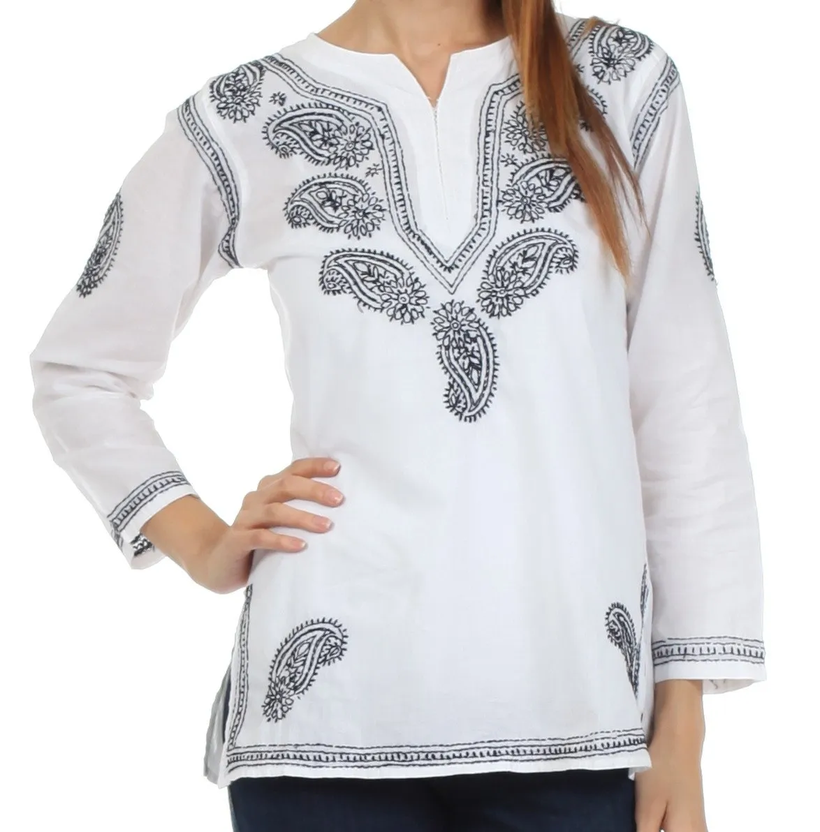 Sakkas Paisley Embroidered Cotton Long Sleeve Blouse