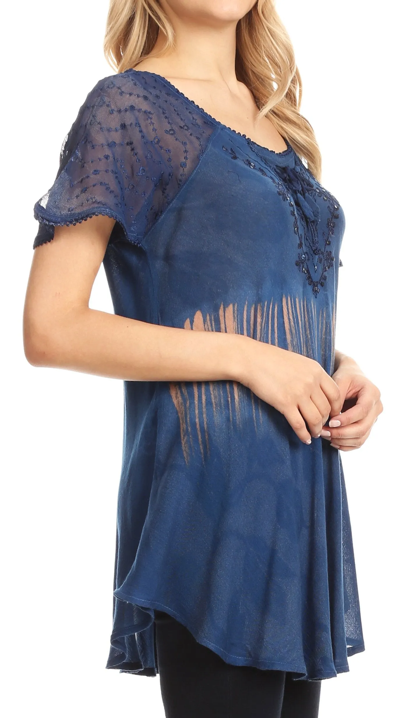 Sakkas Parisa Casual Summer Short Sleeve Top Blouse with Corset and Embroidery