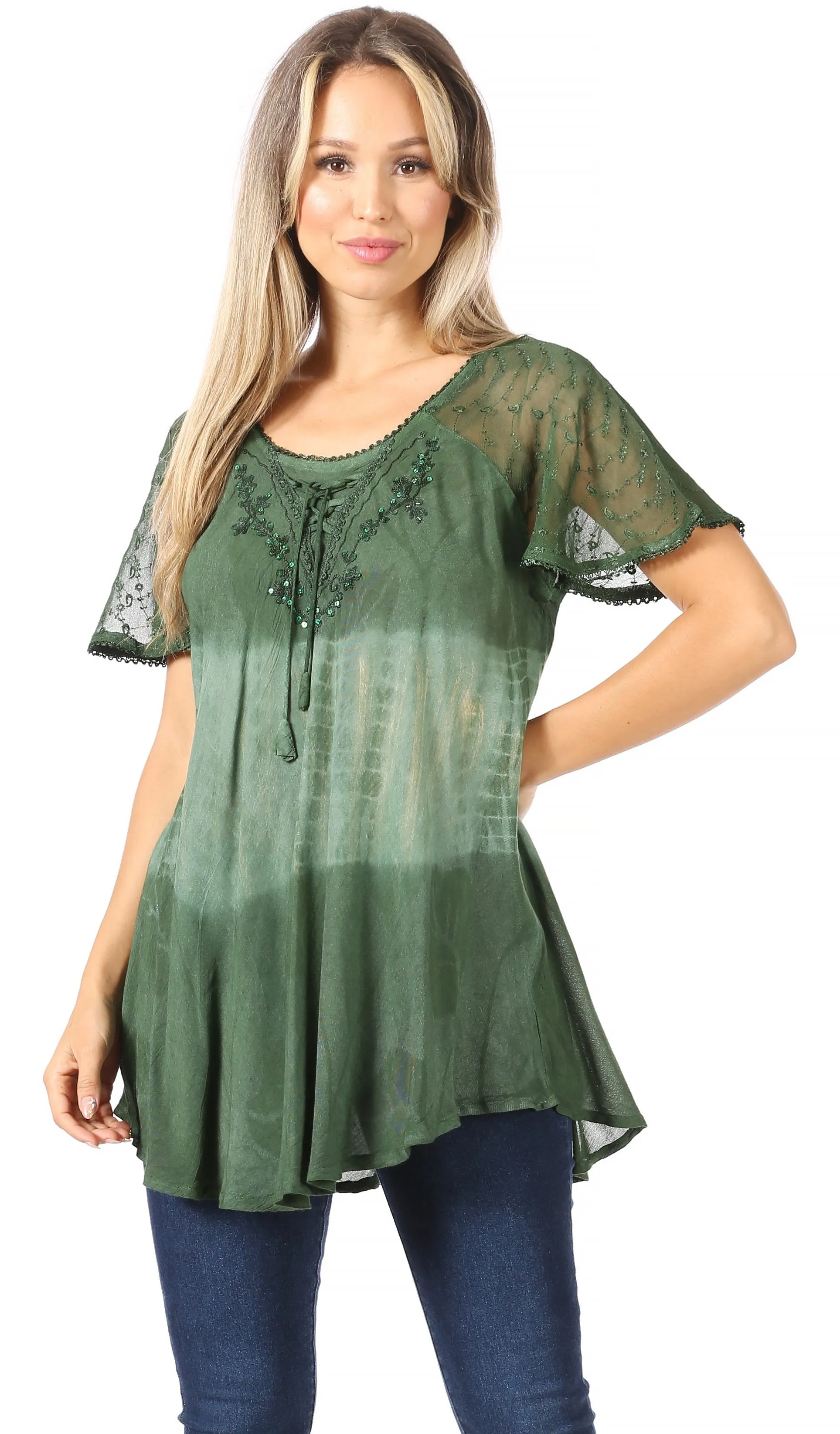 Sakkas Parisa Casual Summer Short Sleeve Top Blouse with Corset and Embroidery