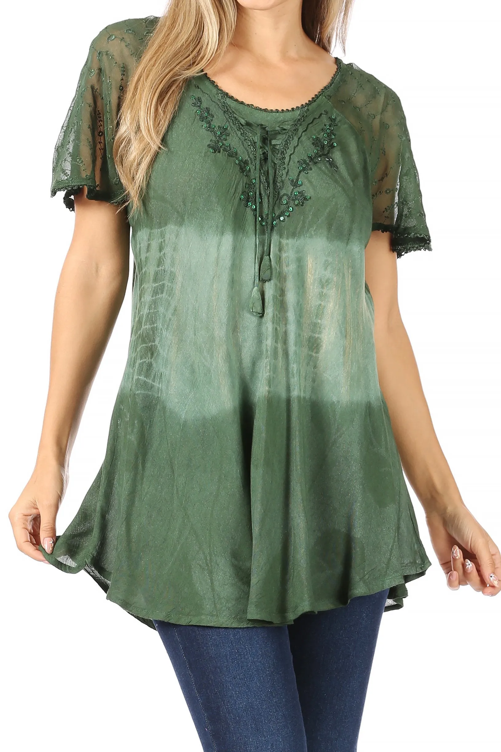 Sakkas Parisa Casual Summer Short Sleeve Top Blouse with Corset and Embroidery