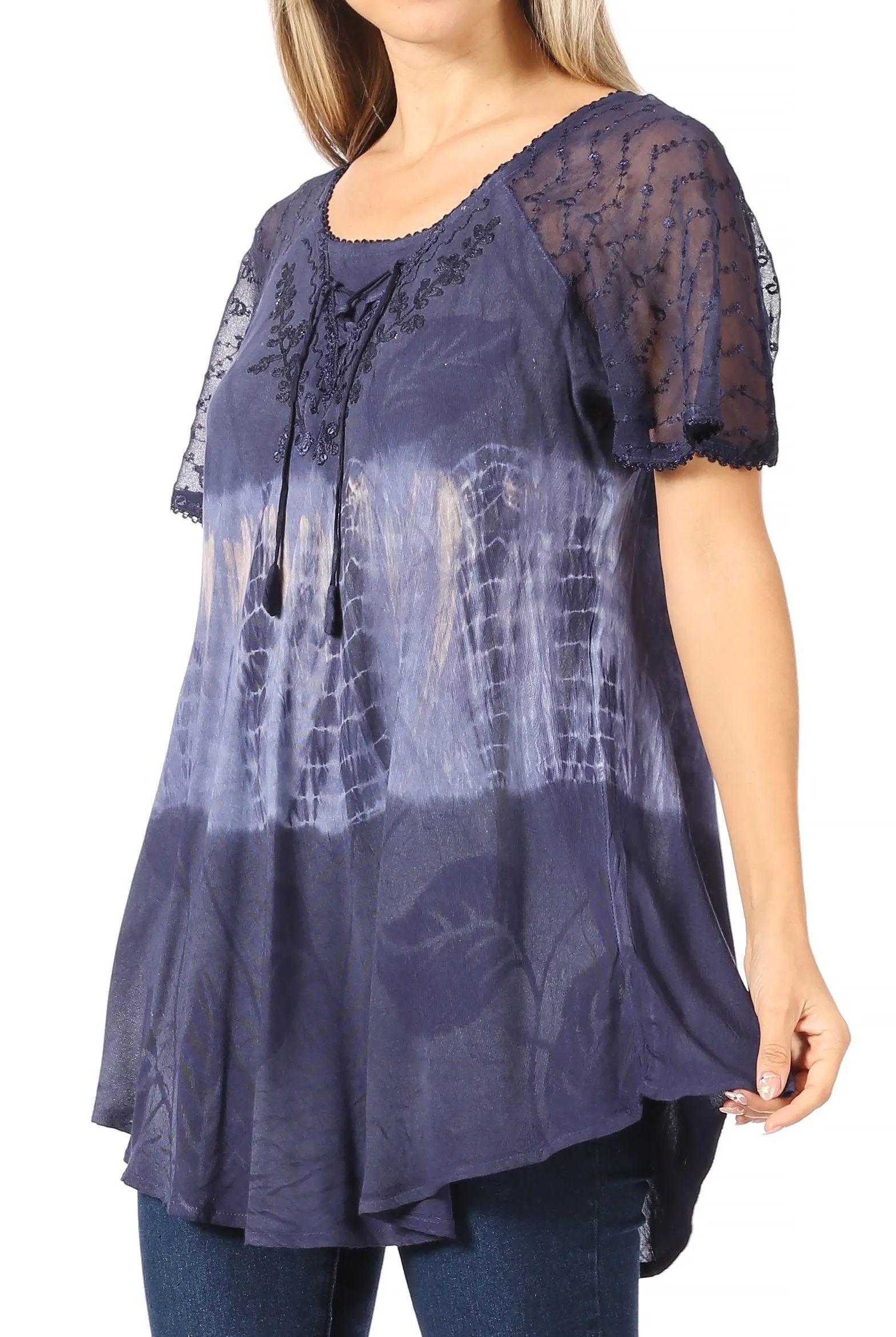 Sakkas Parisa Casual Summer Short Sleeve Top Blouse with Corset and Embroidery