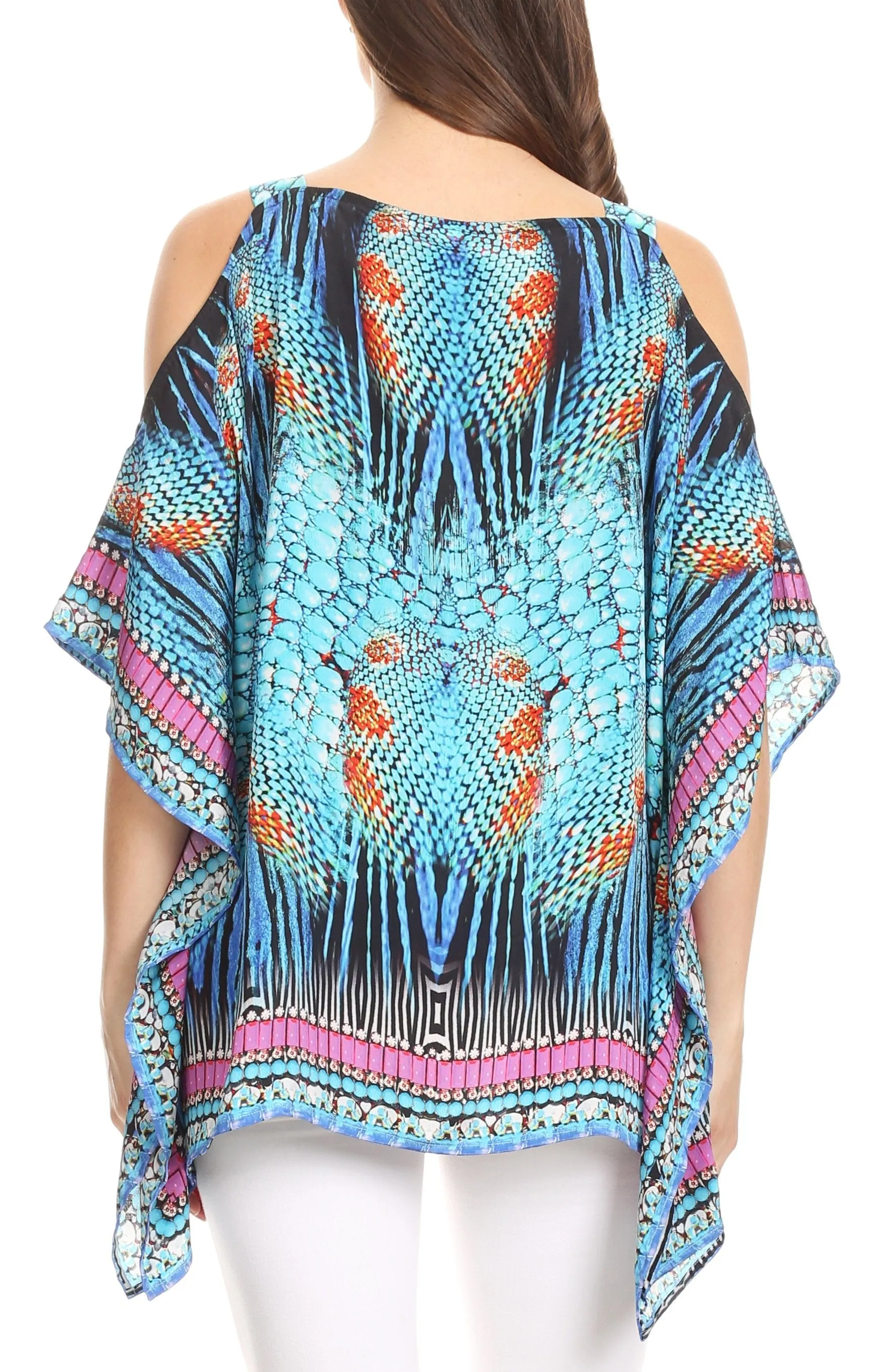 Sakkas Saanvi Printed Draped Short Sleeve Strap Cutout Shoulder V-Neck Kaftan Top