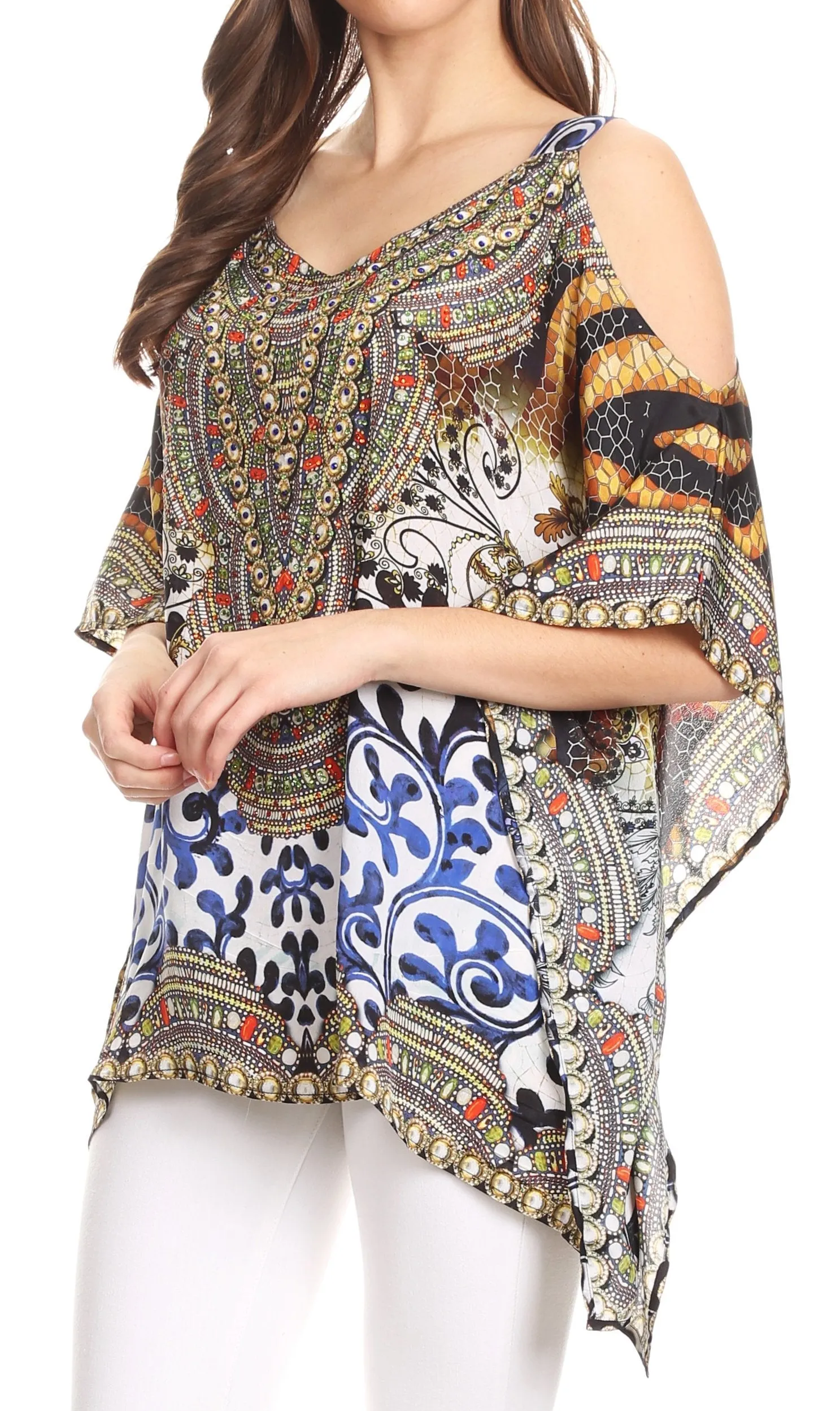 Sakkas Saanvi Printed Draped Short Sleeve Strap Cutout Shoulder V-Neck Kaftan Top