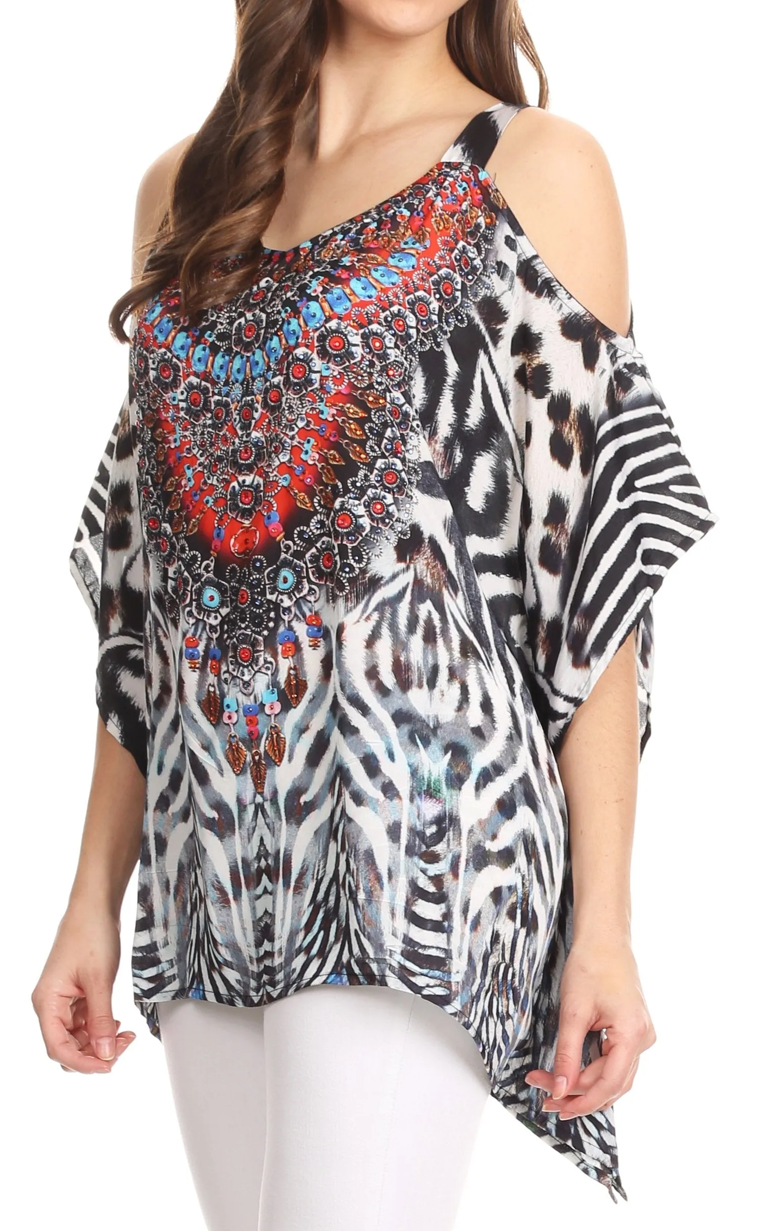 Sakkas Saanvi Printed Draped Short Sleeve Strap Cutout Shoulder V-Neck Kaftan Top