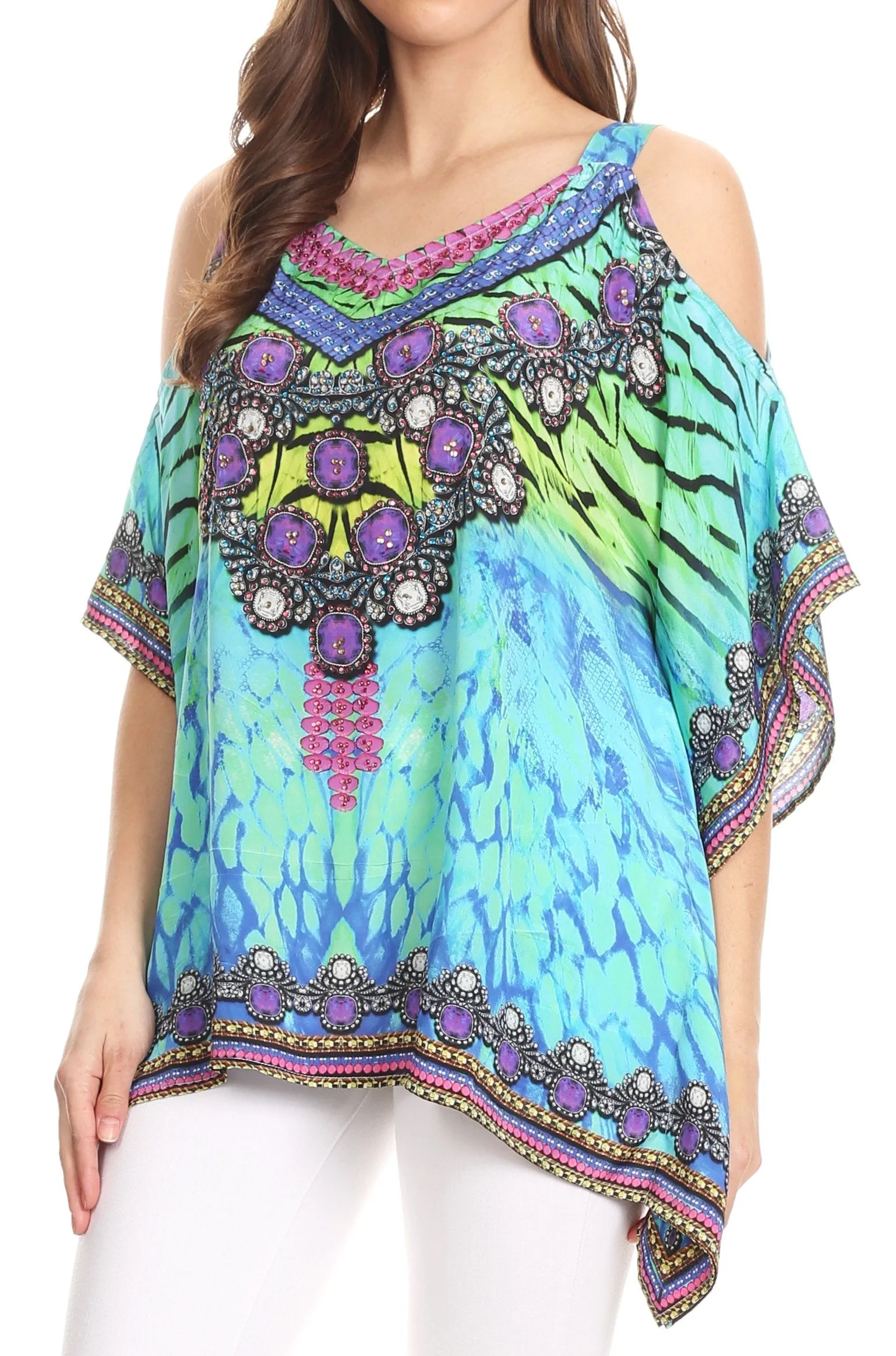 Sakkas Saanvi Printed Draped Short Sleeve Strap Cutout Shoulder V-Neck Kaftan Top