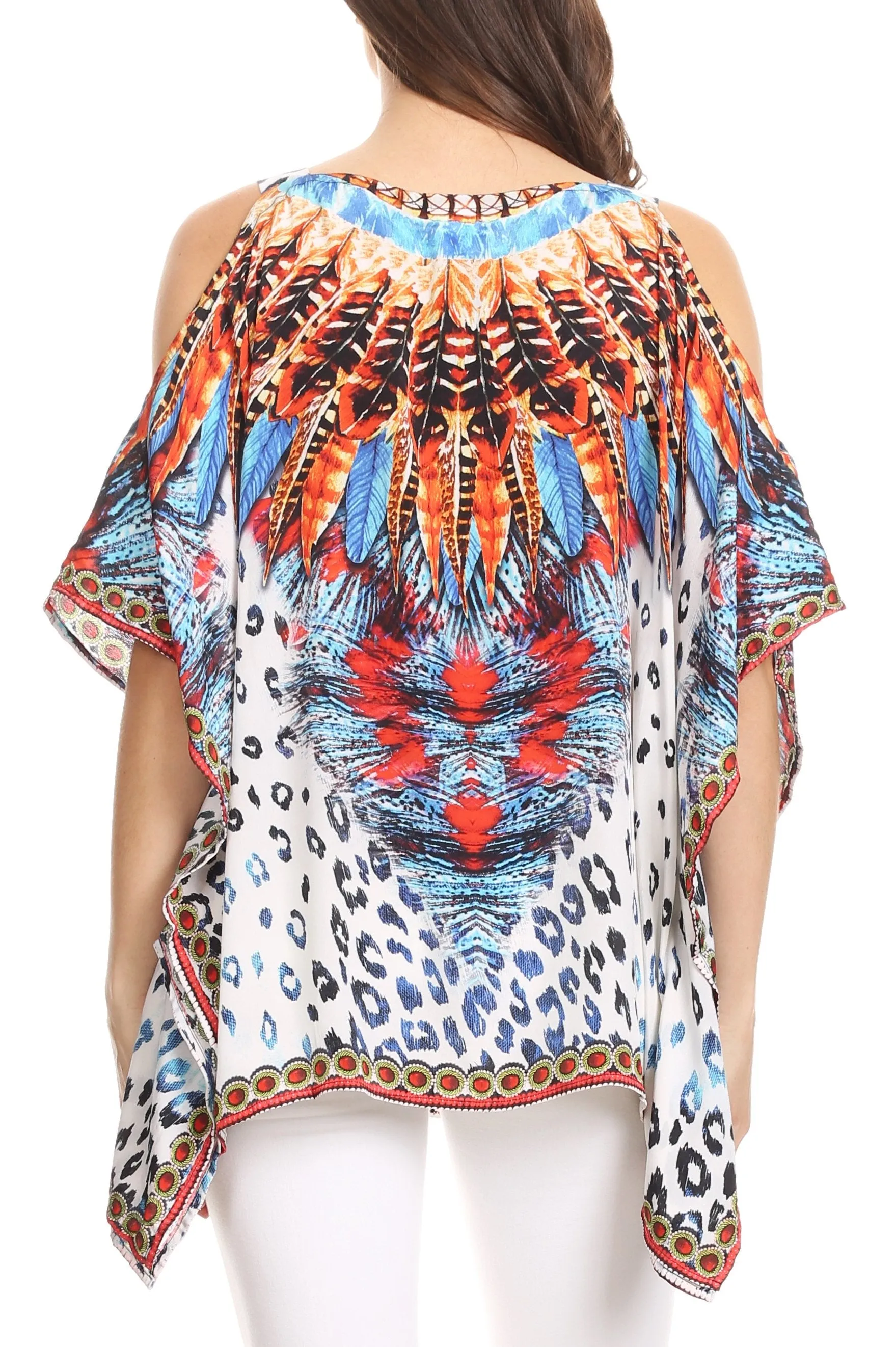 Sakkas Saanvi Printed Draped Short Sleeve Strap Cutout Shoulder V-Neck Kaftan Top