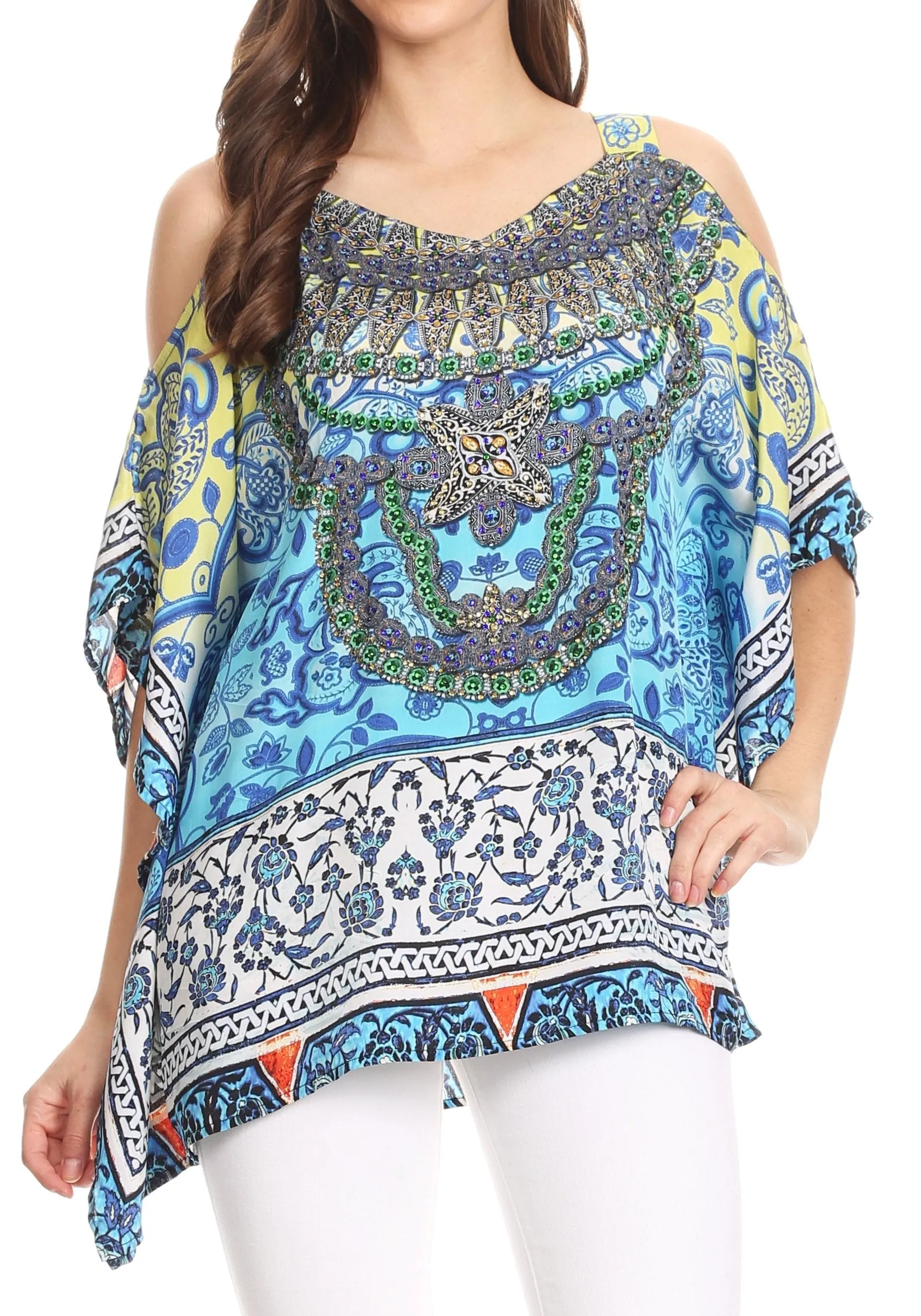 Sakkas Saanvi Printed Draped Short Sleeve Strap Cutout Shoulder V-Neck Kaftan Top