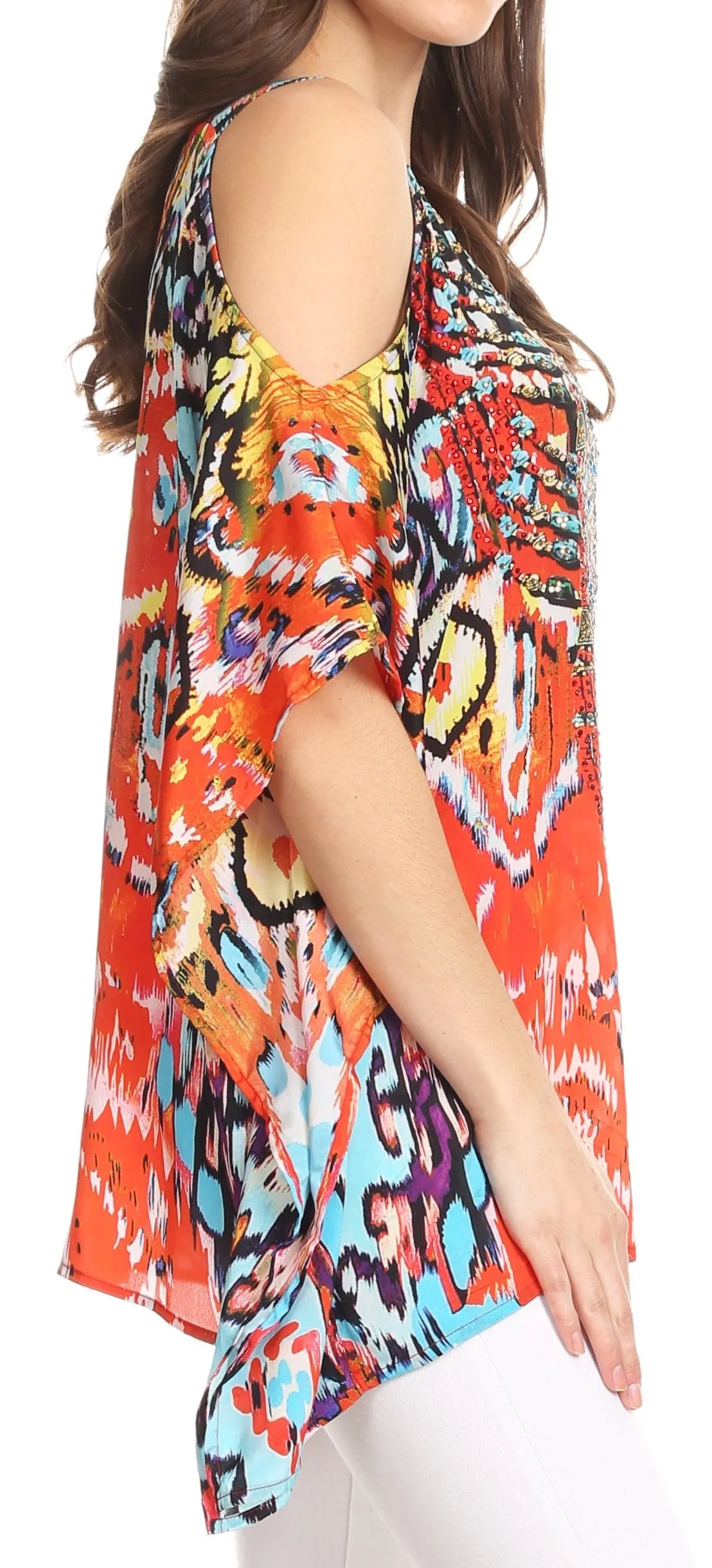 Sakkas Saanvi Printed Draped Short Sleeve Strap Cutout Shoulder V-Neck Kaftan Top